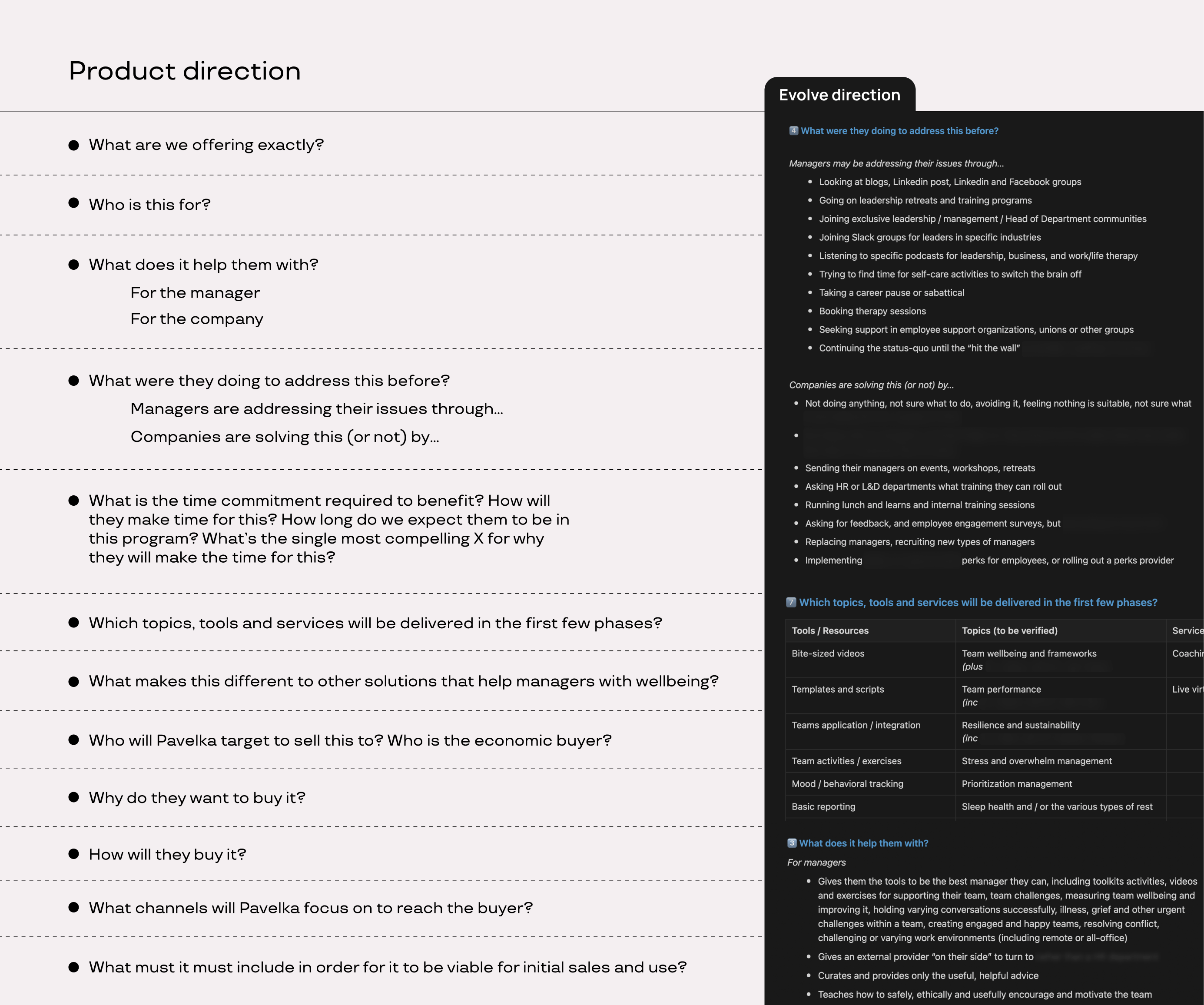 An image with a solid light purple background on the left showing a framework of some of the product direction questions we answered, and on the right an example from the page itself of how these were answered.