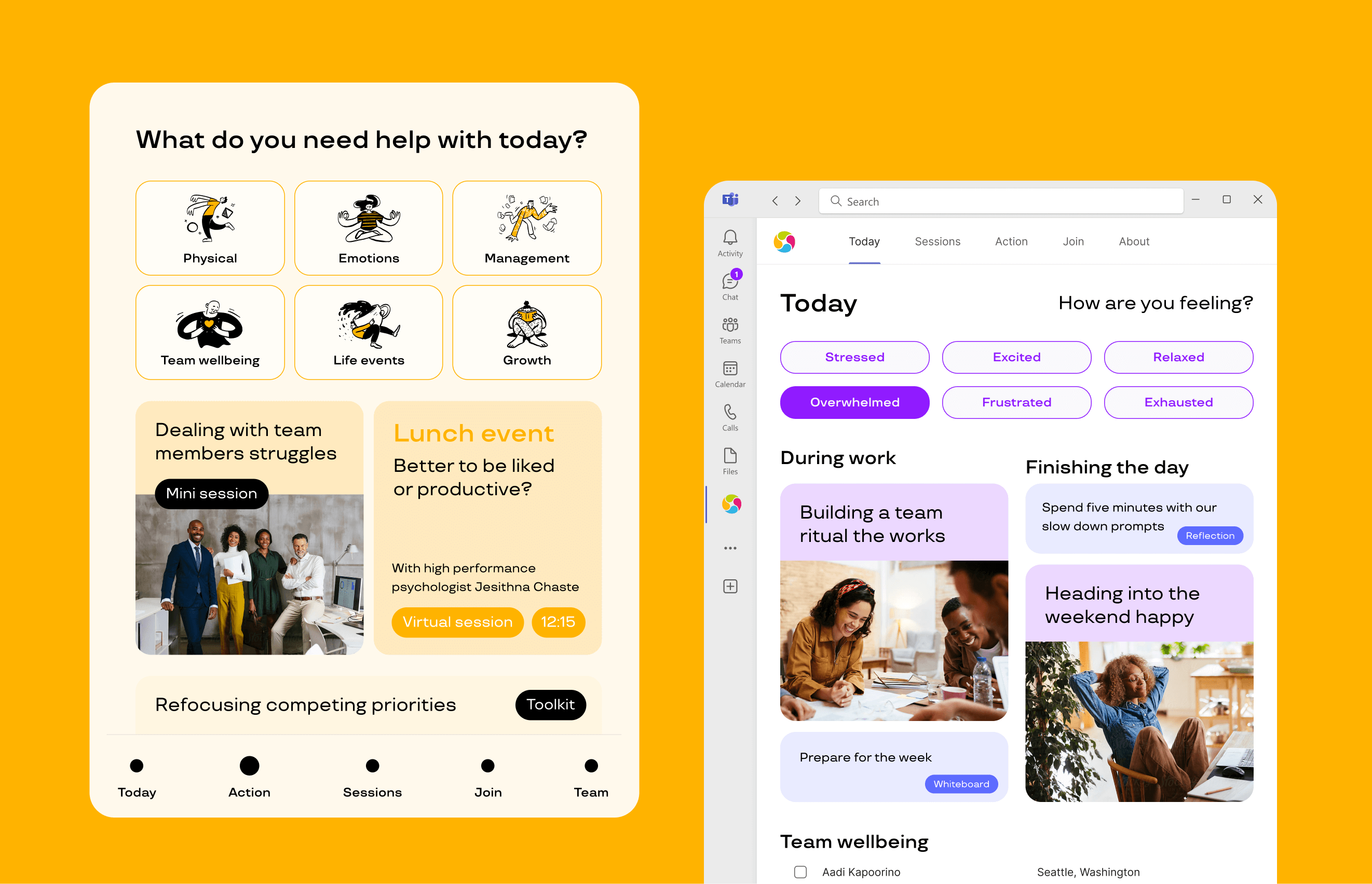 A solid bright darker orange background shows two screens designed, one focused on a web-app and the other on a workplace app integration (Microsoft Teams).