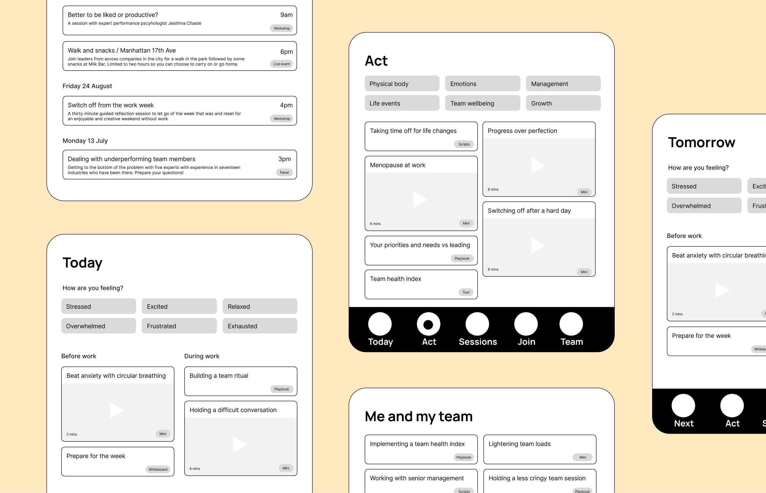 A solid light orange background shows very quick wireframe sketches for the workspace app.
