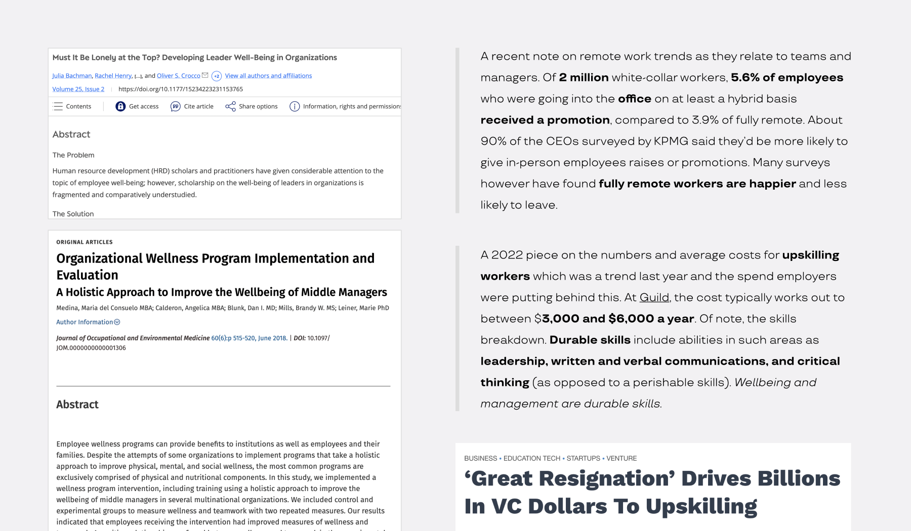 Academic and workplace report research snippets and articles highlighted.