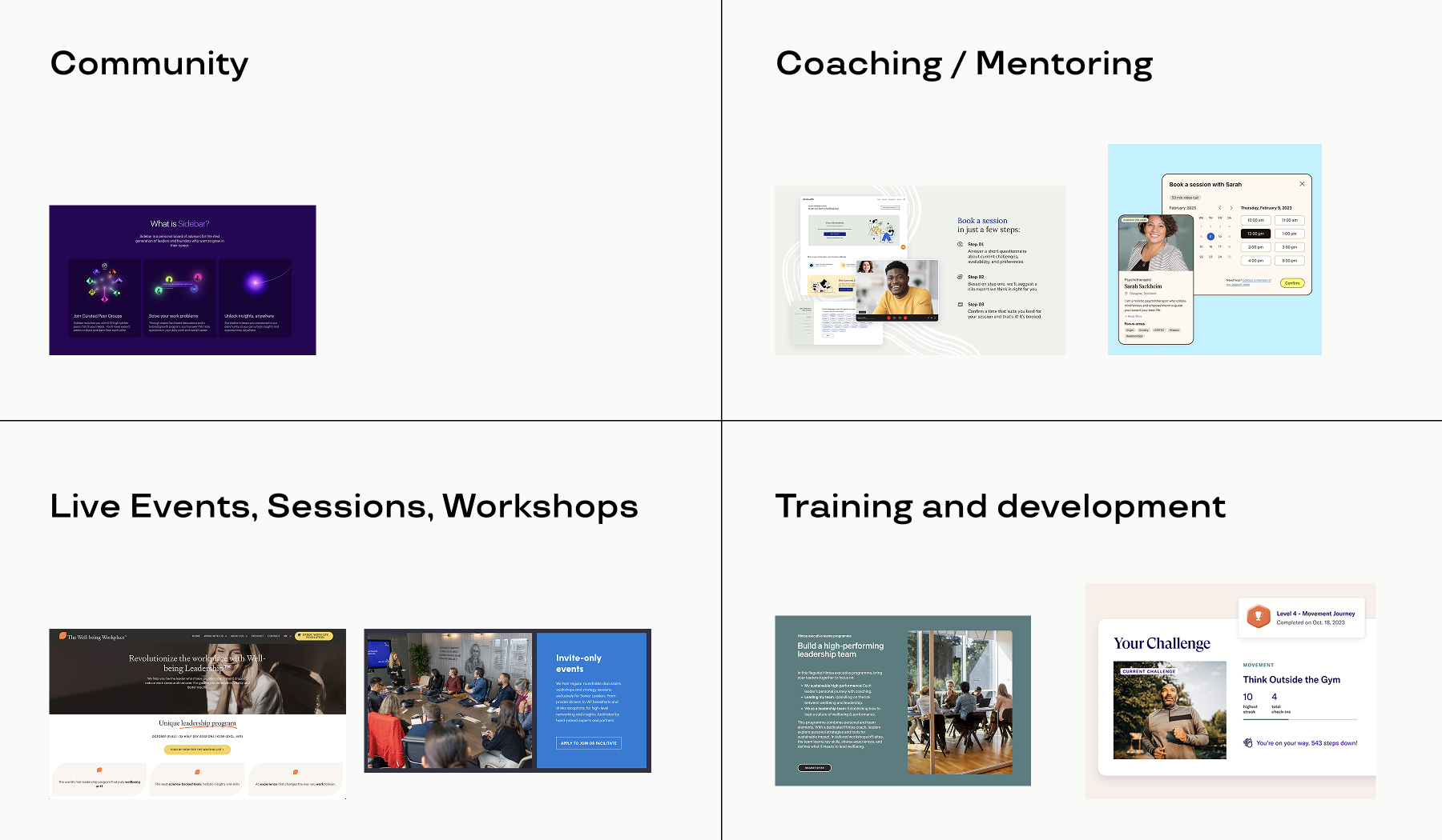 An image broken into a quad with the top left for Community examples within corporate wellbeing, the top right for coaching and mentoring, the bottom right for training and development and the bottom left for live events and workshops offered.