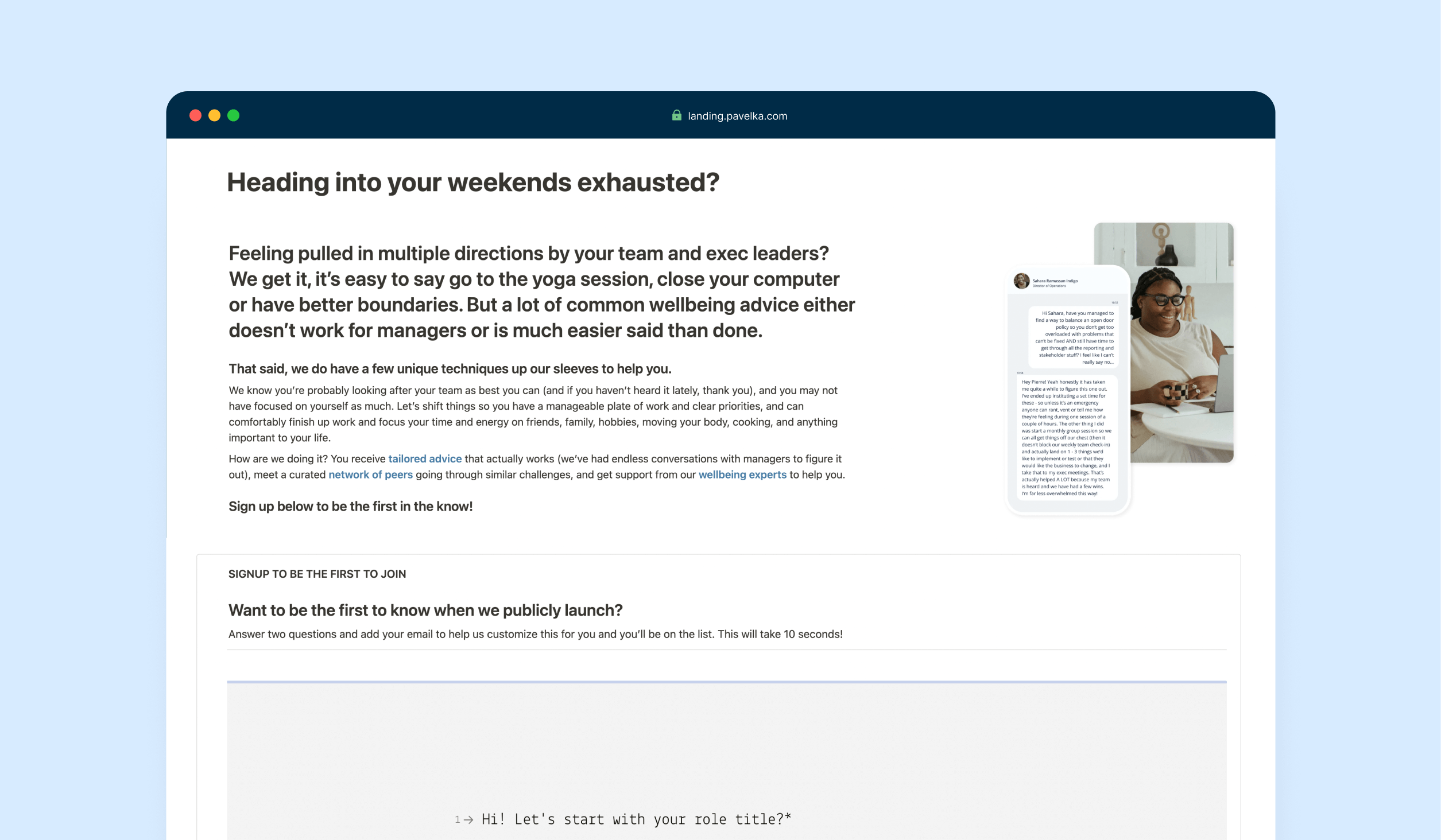 Screenshot of the test landing page with some information and a signup form for interest.
