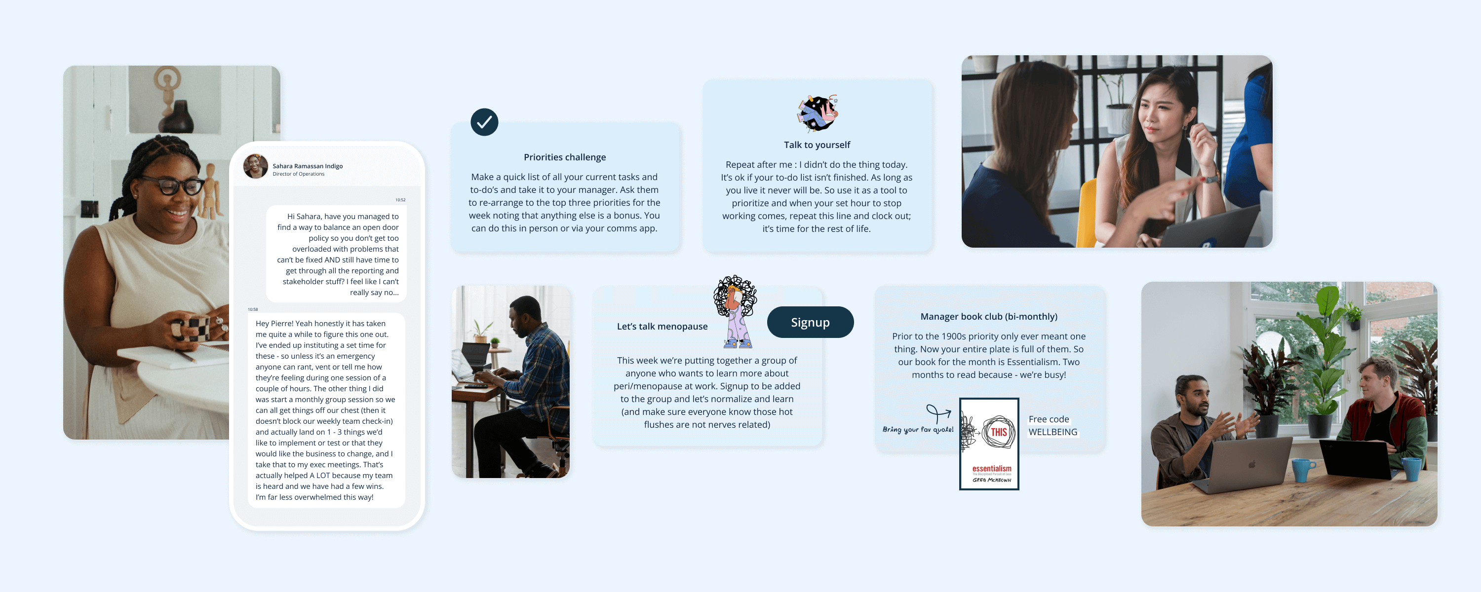 An image with multiple shots including mentoring, wellbeing topics, actions, book club and photos.