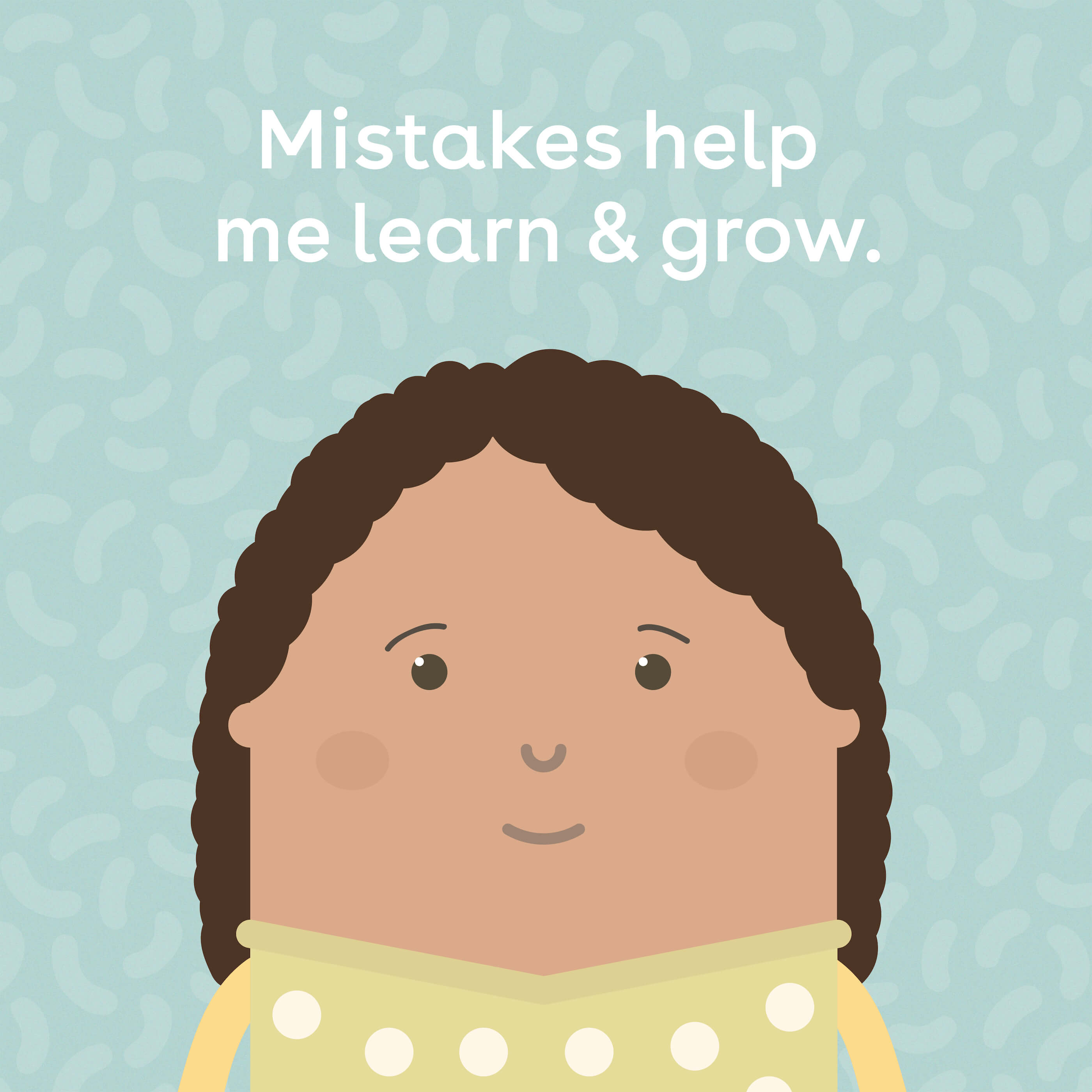 An image of one of the skwoodle kids with the affirmation Mistakes help me learn and grow