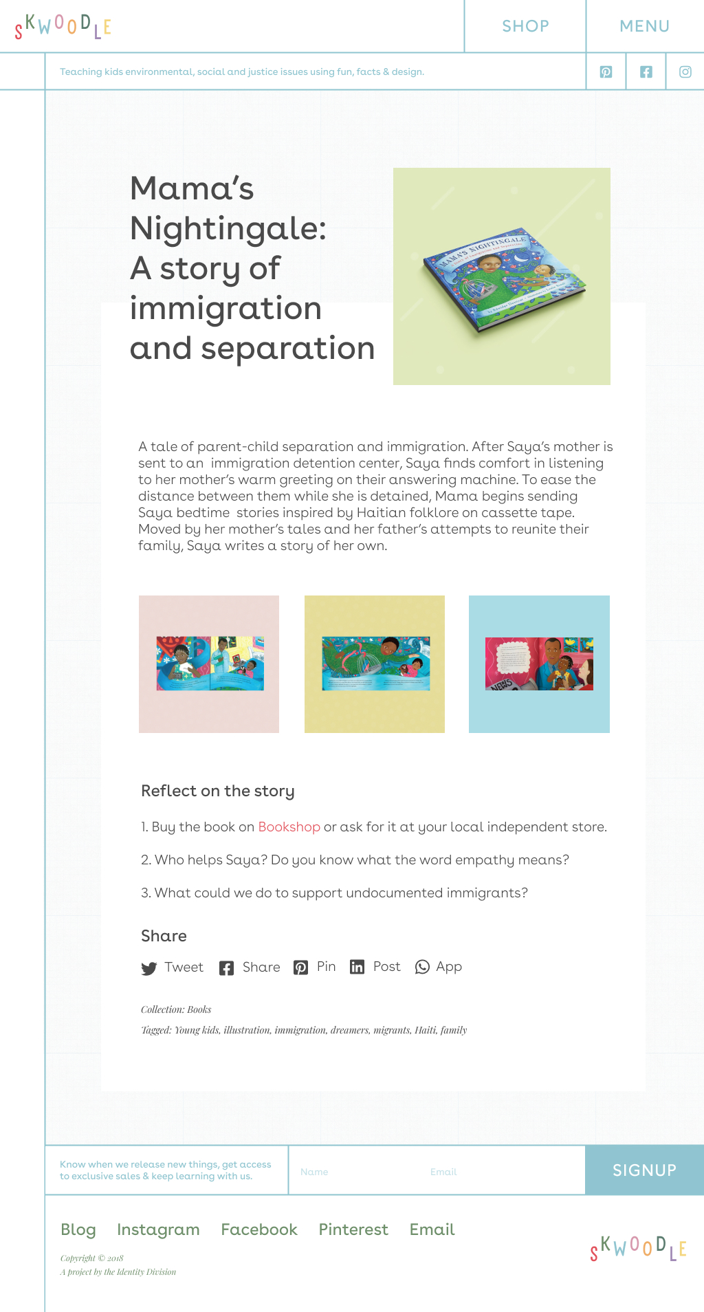 A blog post featuring a recommended book with the original social media description and image and then extended items to take action by buying the book, checking out the author's website, and finding the original illustrator on their social media account
