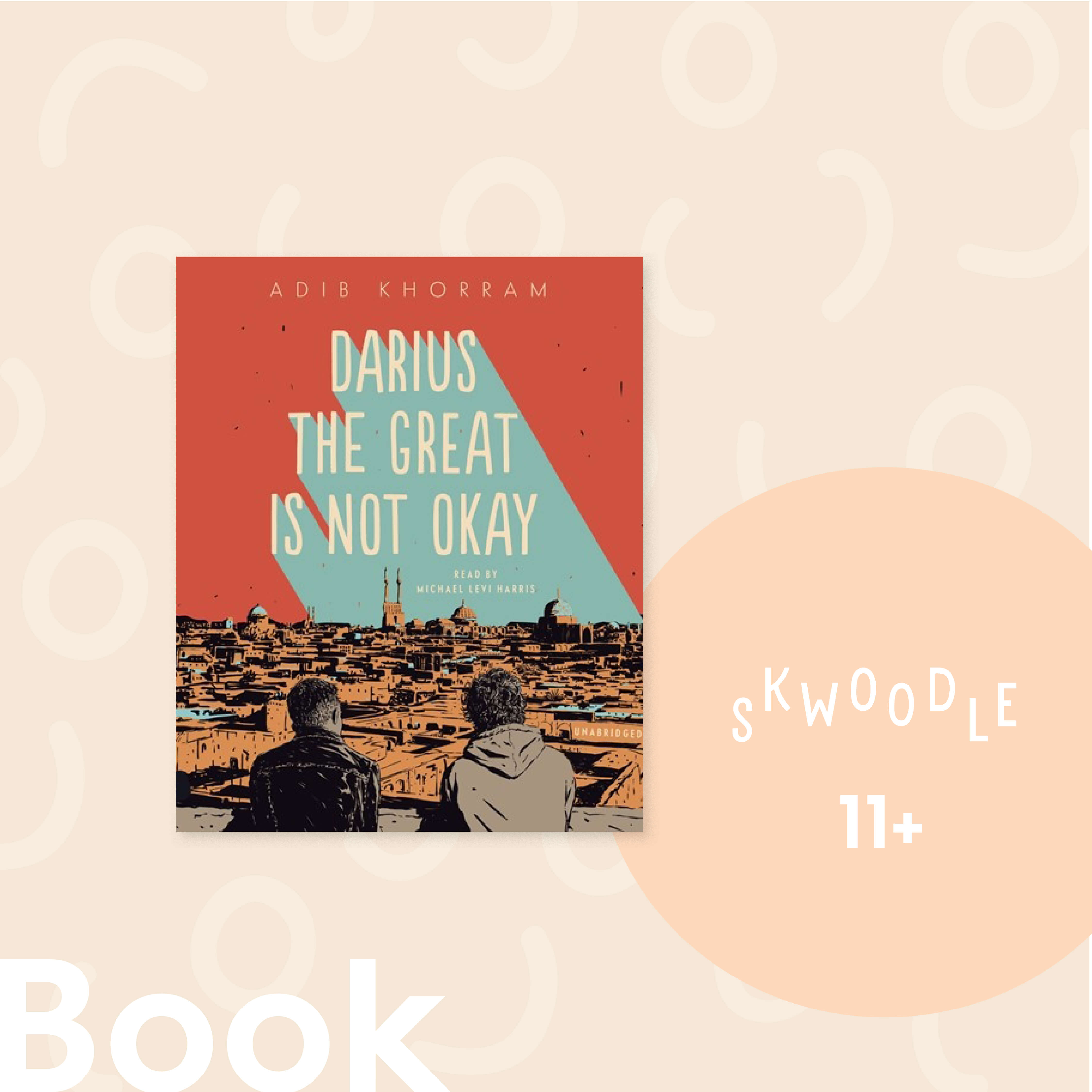 A social graphic image of a solid background, with a Skwoodle brand pattern and a recommended book in a book mockup, with the age recommendation by us in a circle next to it - this book is Darius the Great
