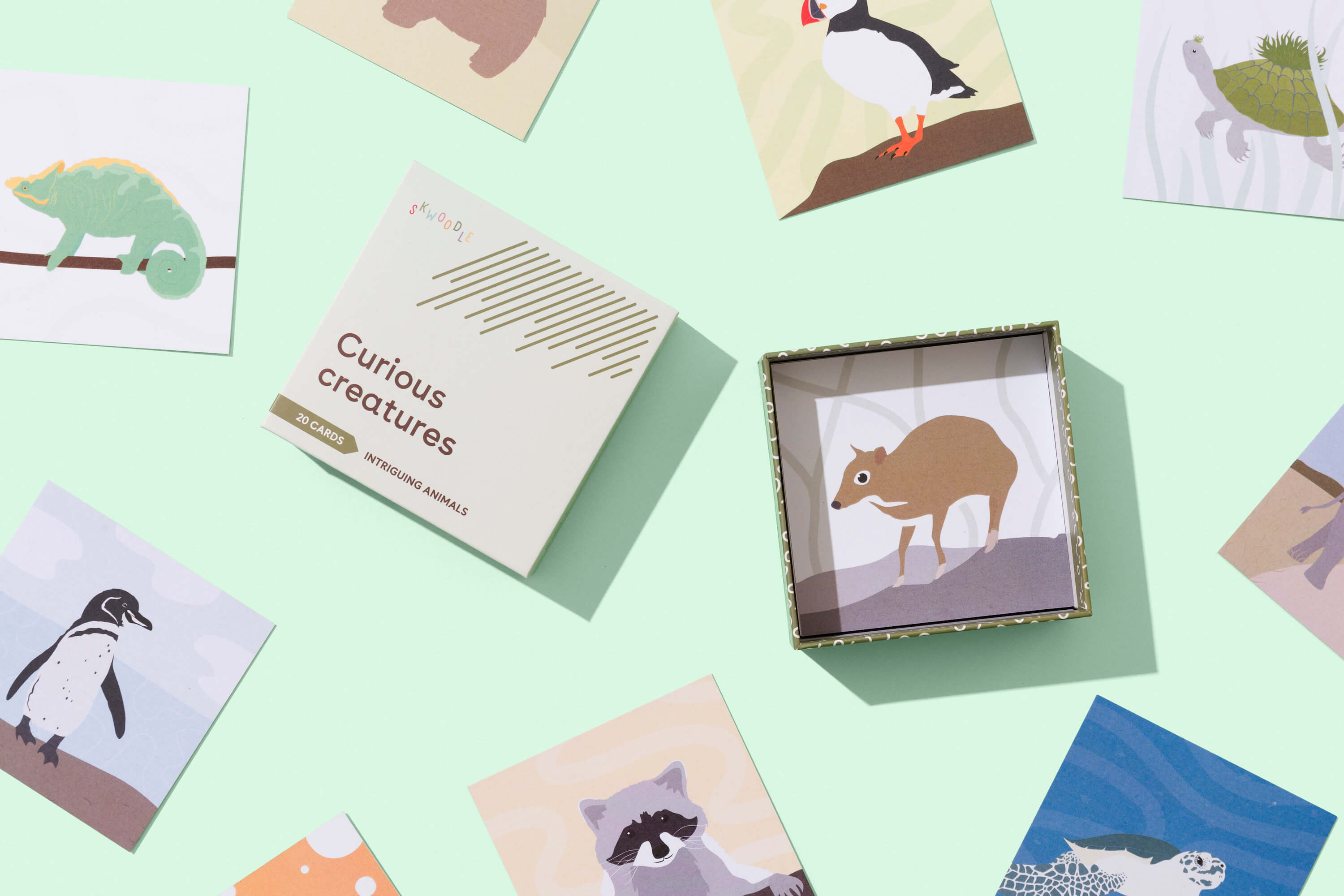 A light green background shows the creatured deck packaging and cards from the decks surrounding it with illustrations of various unique animals