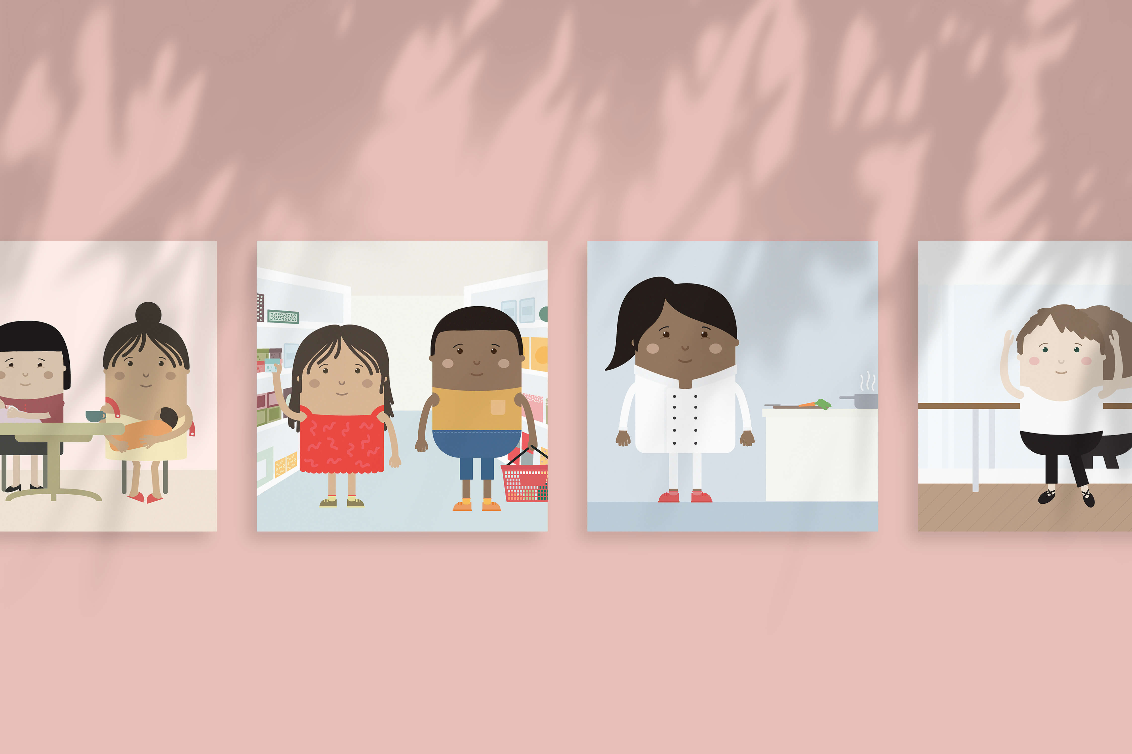On a solid pink background with plant shadows are shown four other poster images in squares including a father and daughter doing groceries, a woman Black professional chef, and a white boy dancing at the ballet bar.