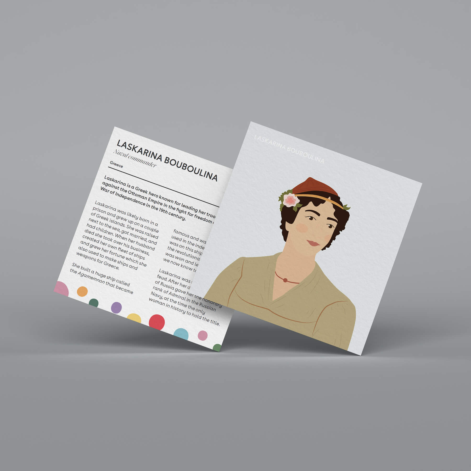 An illustration of a woman we should know card featuring Laskarina Bouboulina from Greece - a naval commander.