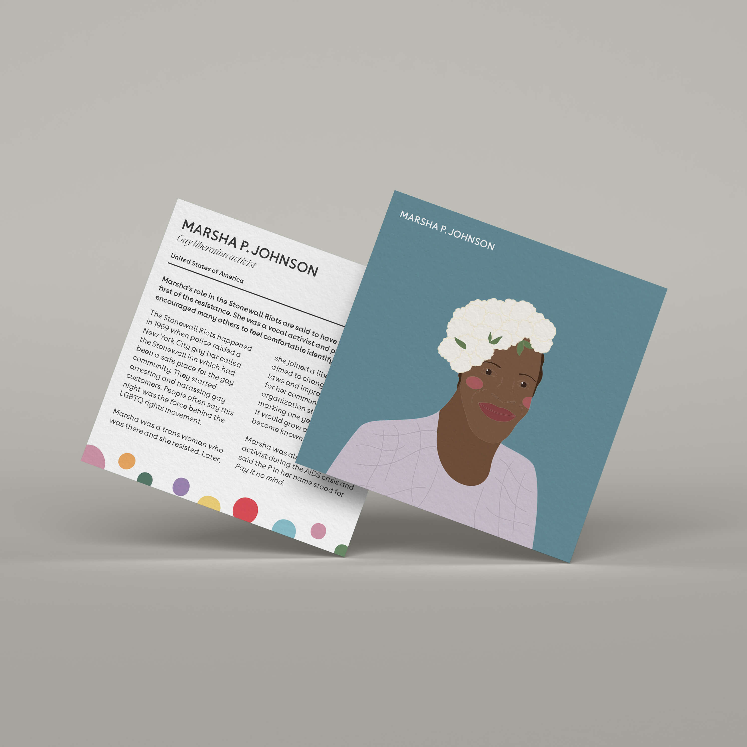 An illustration of a woman we should know card featuring Marsha P Johnson from the USA - a gay liberation activist.