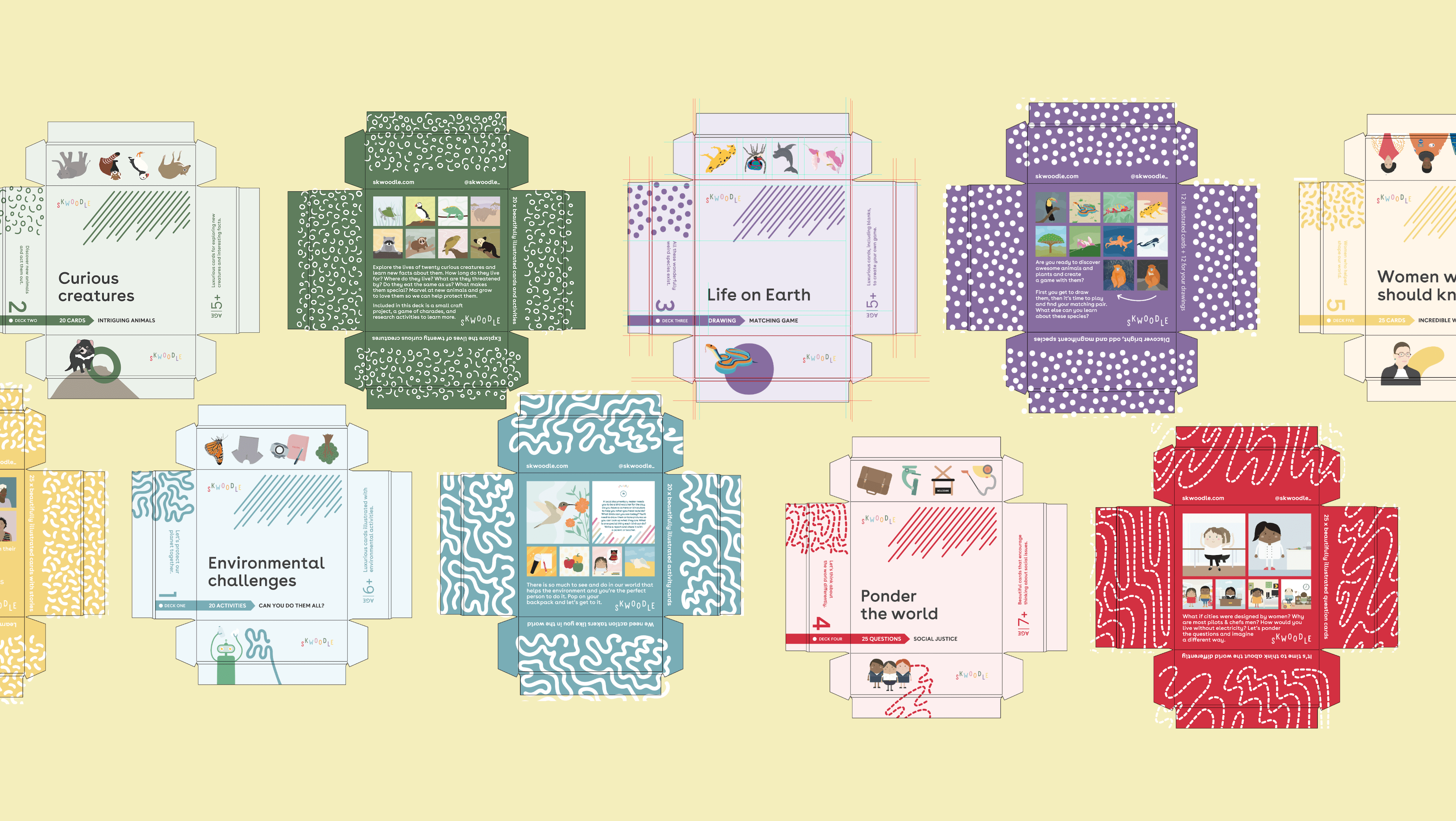 The dielines of a number of the deck packages which had a lid and bottom, laid out on a pale yellow background.