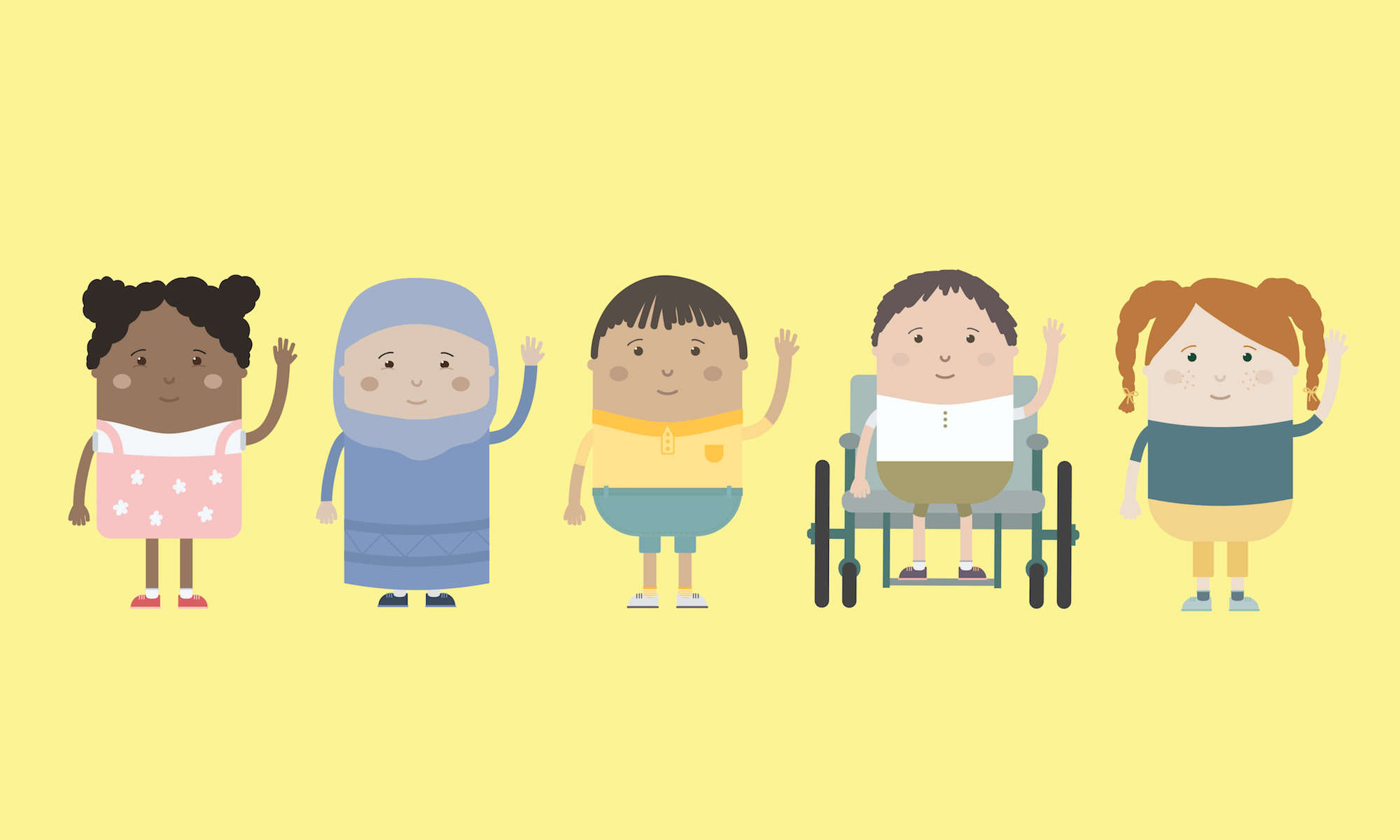 A bright yelloe background shows five of the Skwoodle kids from a varying range of cultures and features.