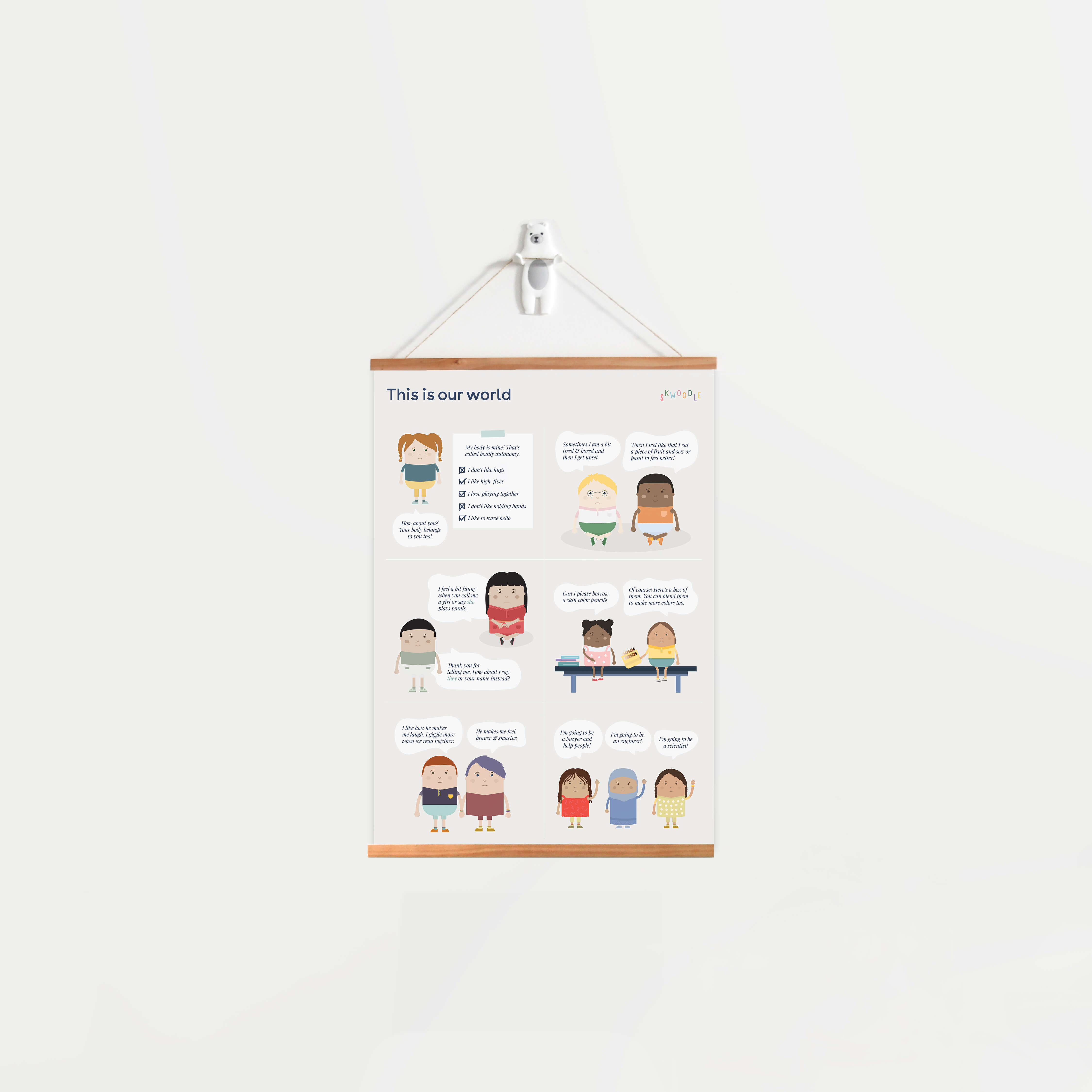 The light colored hanging wood poster frames shown against a grey wall with the this is our world poster