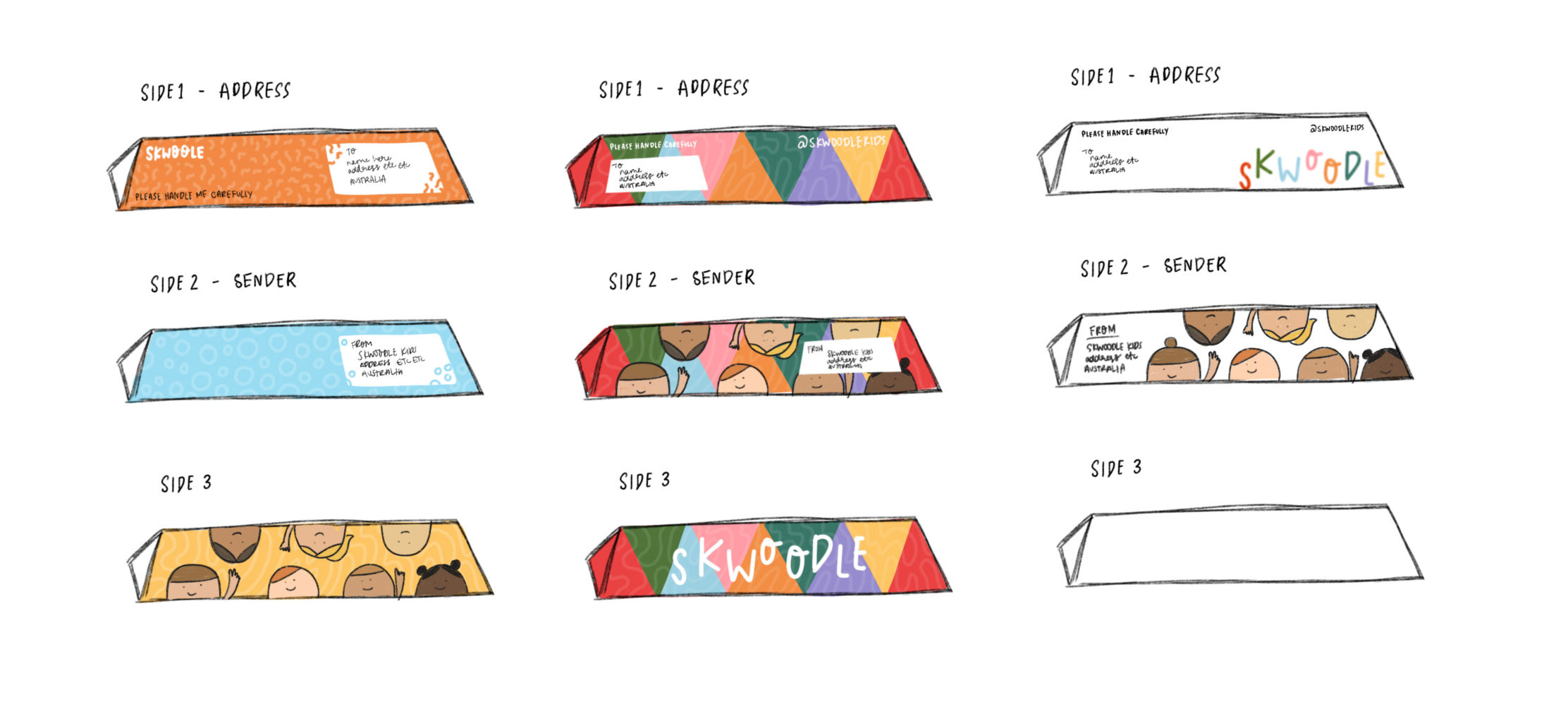 A white image showing three different sketches of the triangle tubes designs - each with the first side for the sender, second side for the receiver, and third side