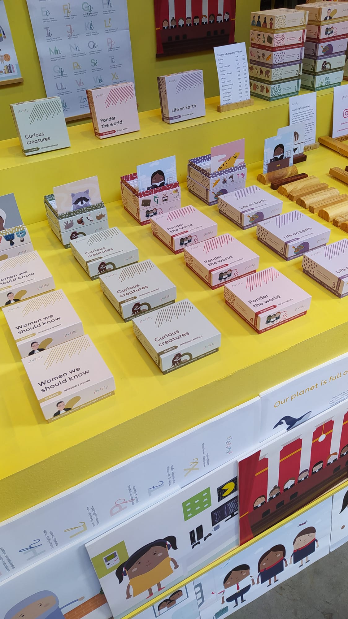 A closeup of the decks on the market stall.