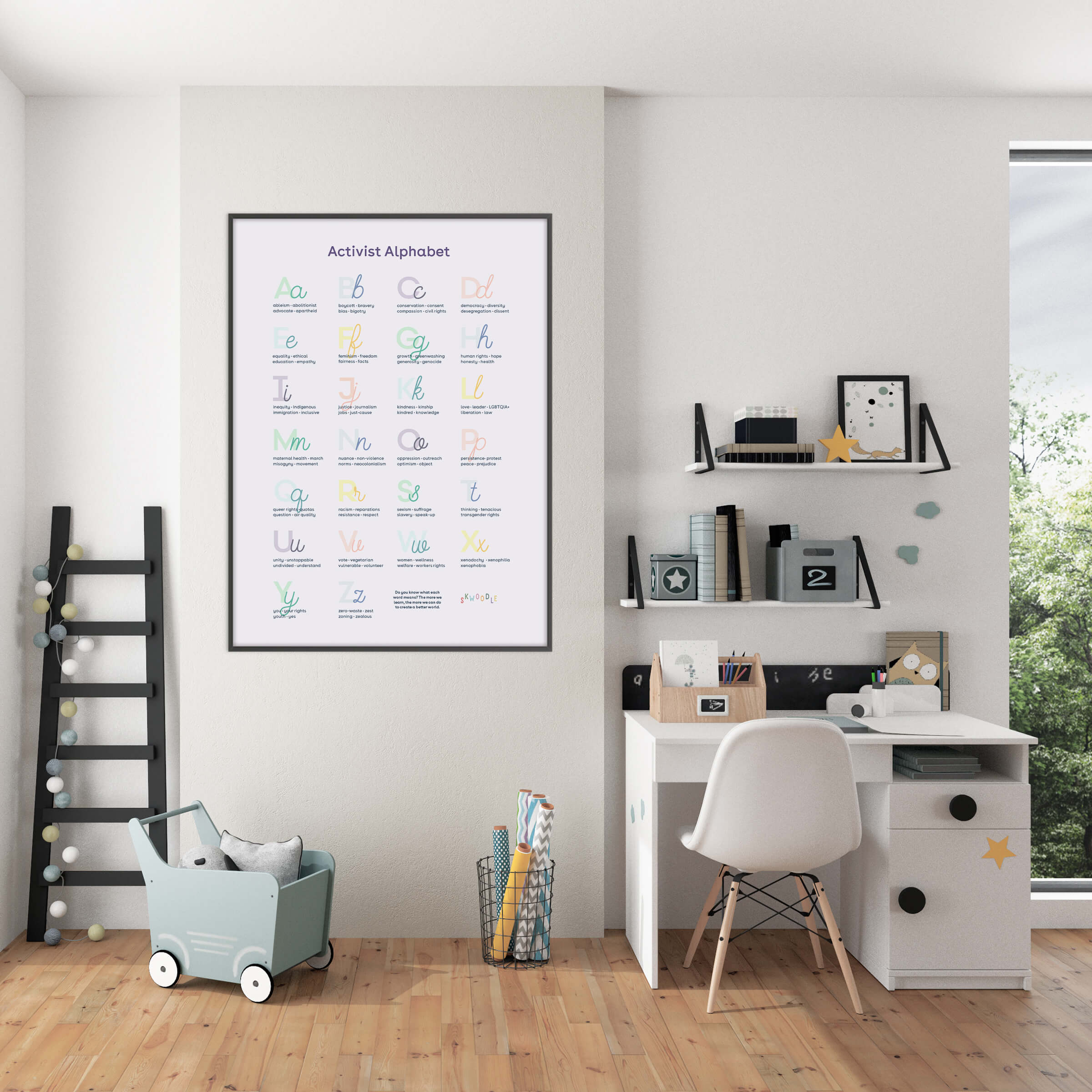 A kids bedroom with a desk and on the wall is hanging our poster for an Activist Alphabet with each letter showing different words.