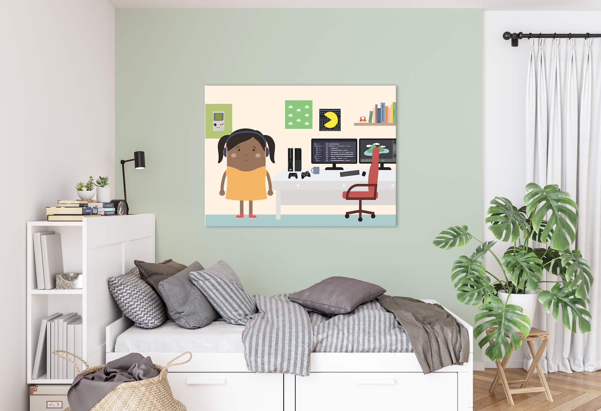 A kids bedroom with a green wall where a poster hangs of a young Black girl in a yellow dress, standing next to her desk with a computer, designing and coding games. There are game posters on her wall.