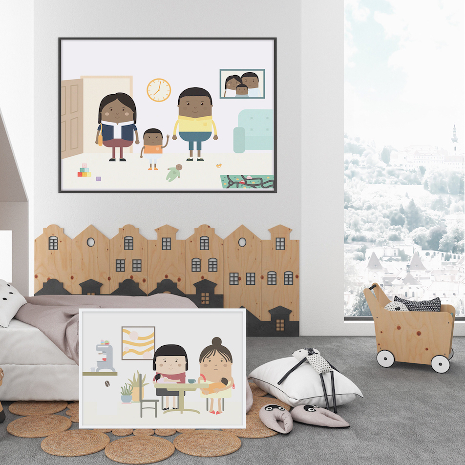 A kids room with a poster leaning against the side of the bed. The poster shows two women in a cafe, one is bottle feeding her child and the other is breastfeeding. Both women are not white.