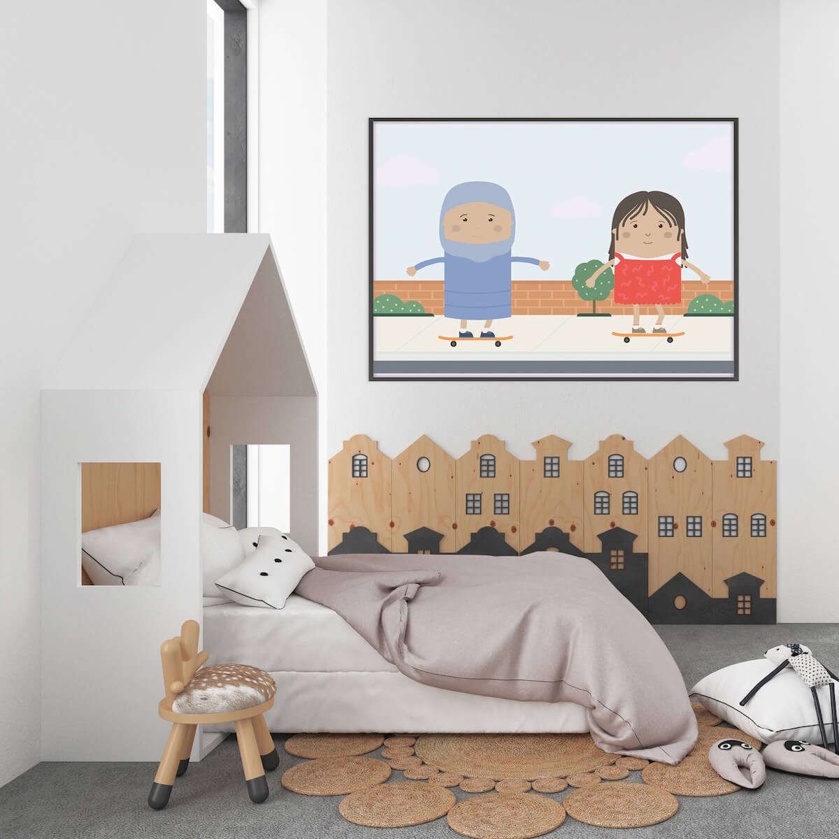 A kids bedroom with a poster hanging on the wall of two girls skateboarding. One girl is wearing a dress and hijab, while the other is a Native American.