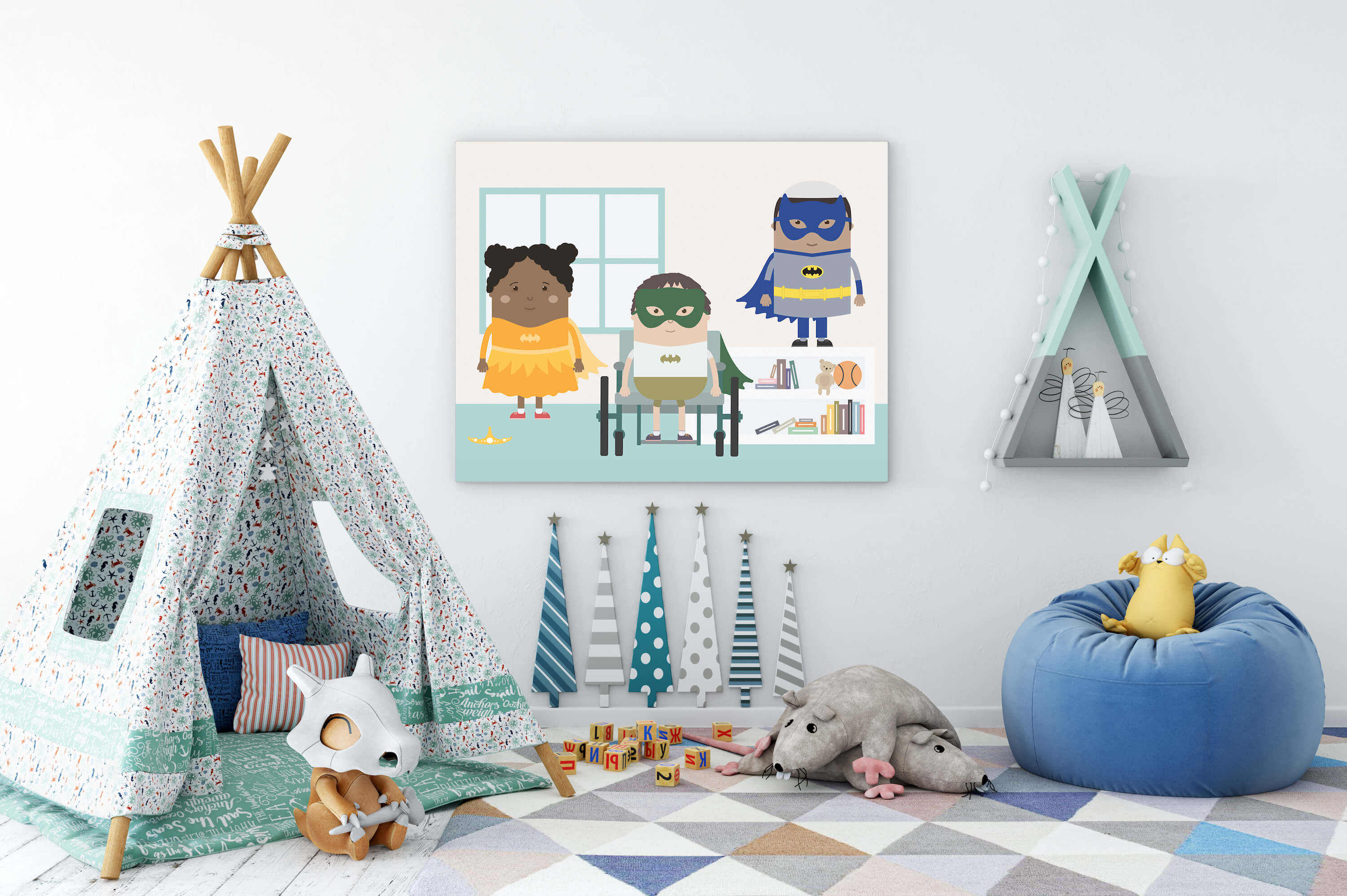 A kids bedroom showing a fun young wigwam tent on the left and a bean bag with stuffed toys on the right. On the wall is our superheroes poster showing three Skwoodle kids. An African girl on the left in a yellow dress and princess crown on the floor wearing a cape like Batman. In the middle a boy in a wheelchair wearing a Batman mask. On the right a boy from an Asian or Middle Eastern region wearing a blue cape and batman mask, along with a small religious headpiece cap that could be interpreted for varying faiths.