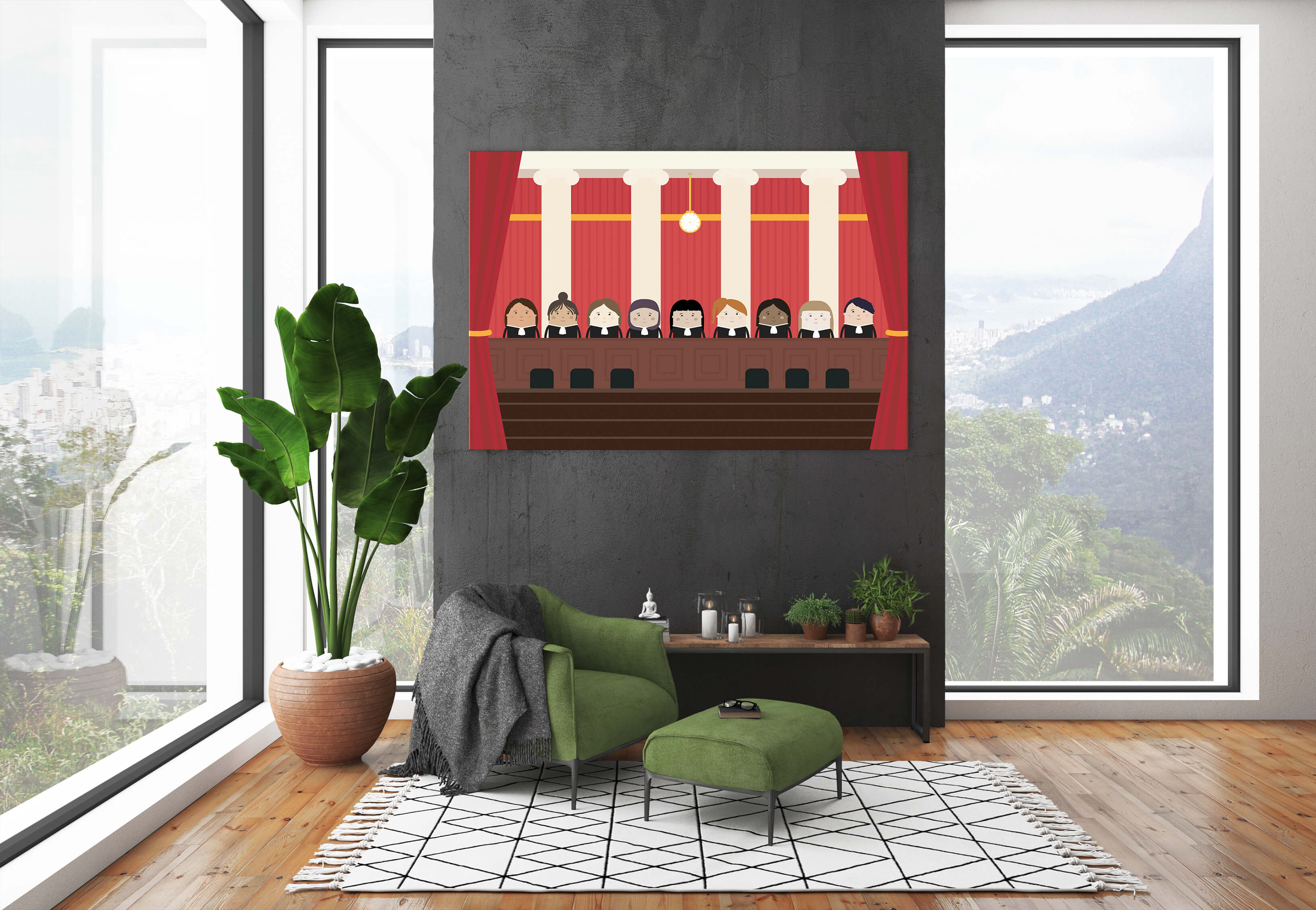 A living room showing a large poster hanging on the wall of a supreme court with only women and non-binary judges of varying races, facial and hair characterists