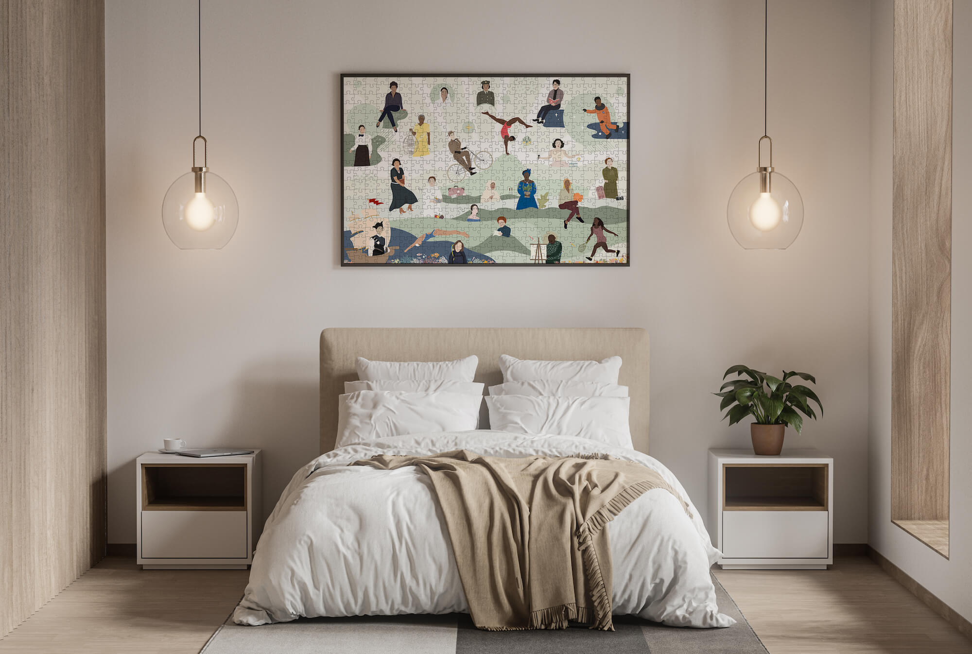 A bedroom is shown with a neutral palette of greys and browns, and the puzzle hanging on the wall in a dark black frame.