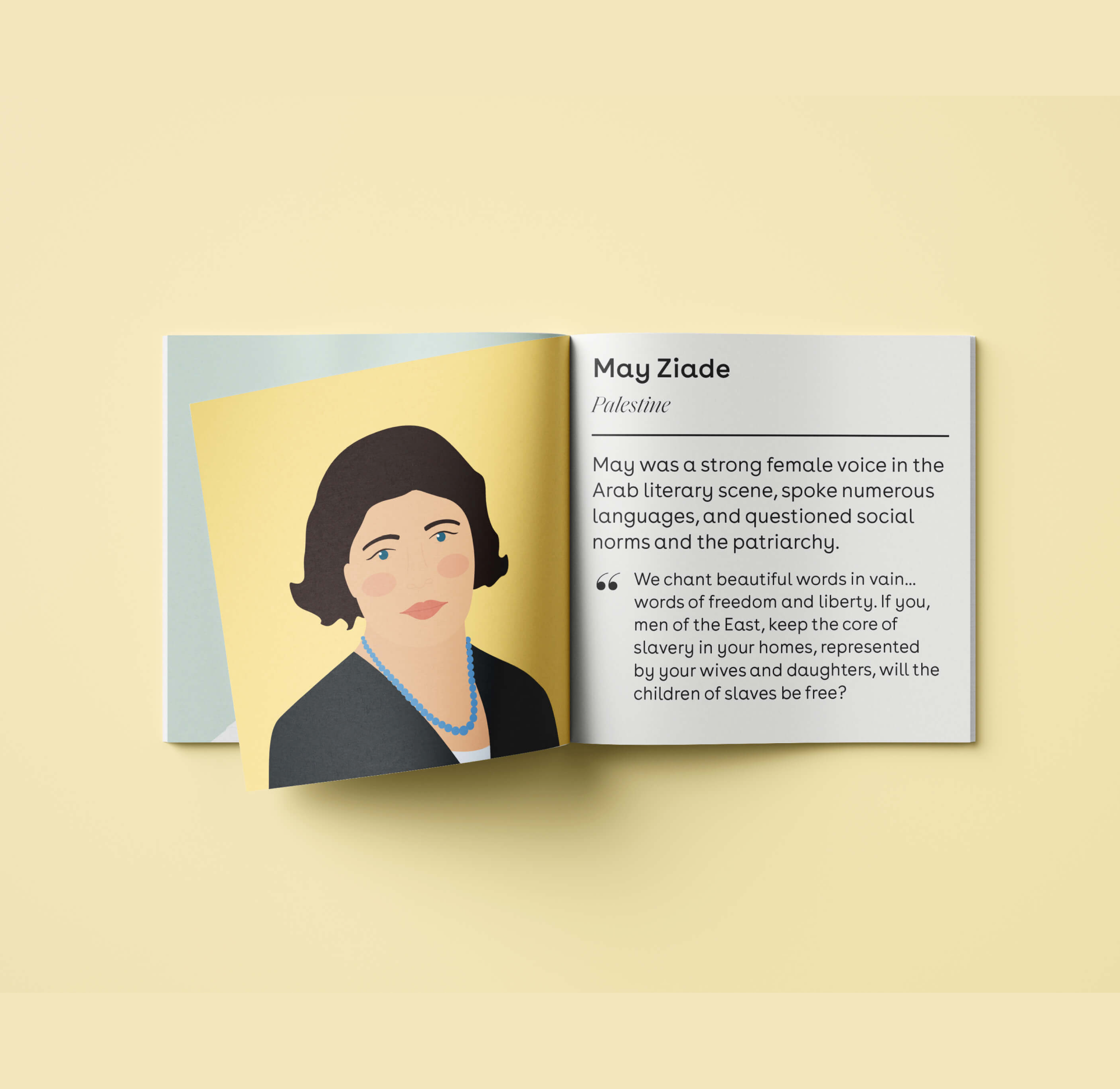 A page of the puzzle booklet on a bright yellow background. This page features May Ziade, a strong voice and writer in the Arab literary scene.