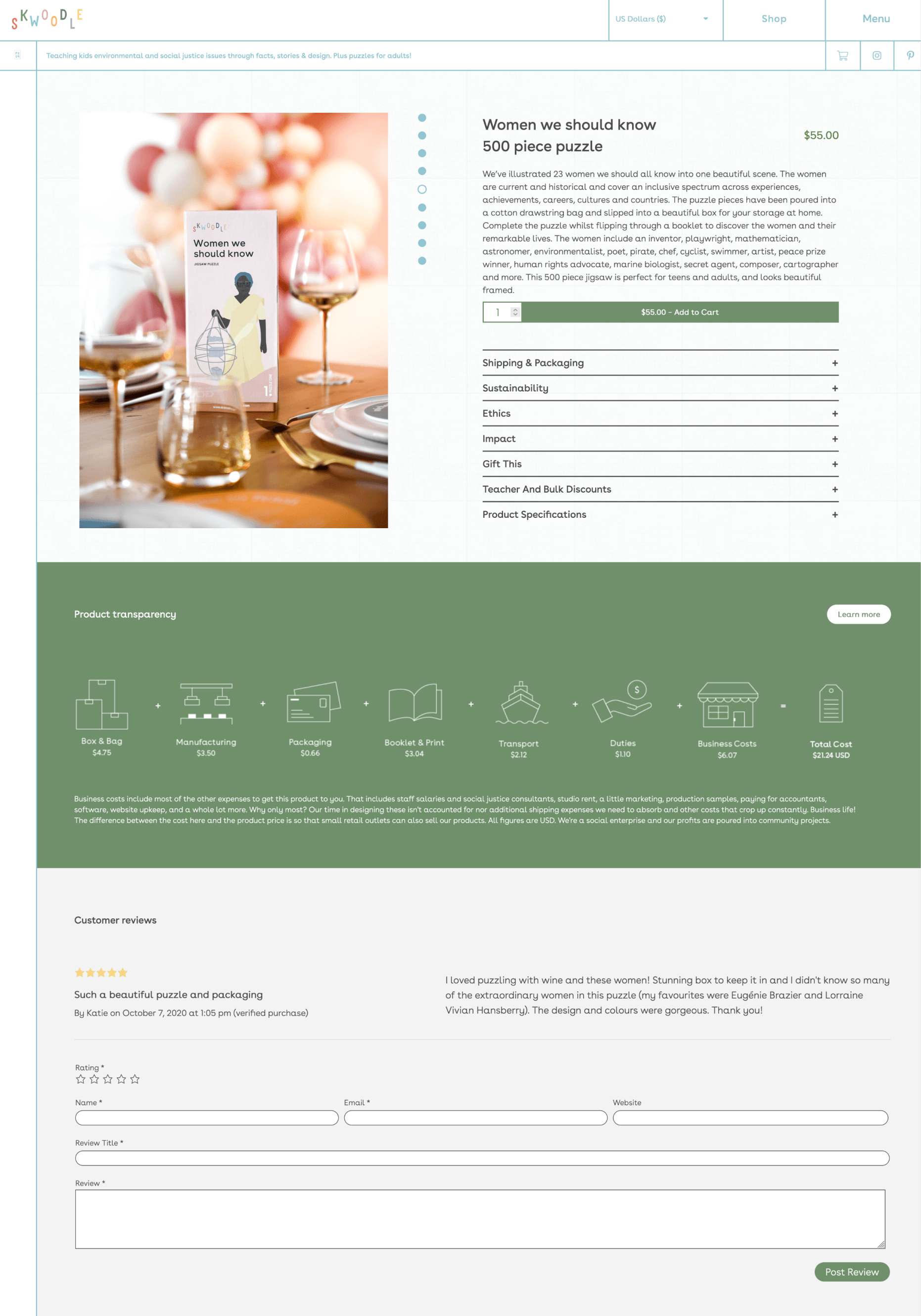 A live shot from the product puzzle page on the website showing product photos on the left, description on the right, toggles for information on shipping, packaging, sustainability, ethics, impact, gifting, teacher discounts, and product specifications. This was followed by a transparency area on pricing and a reviews secction.