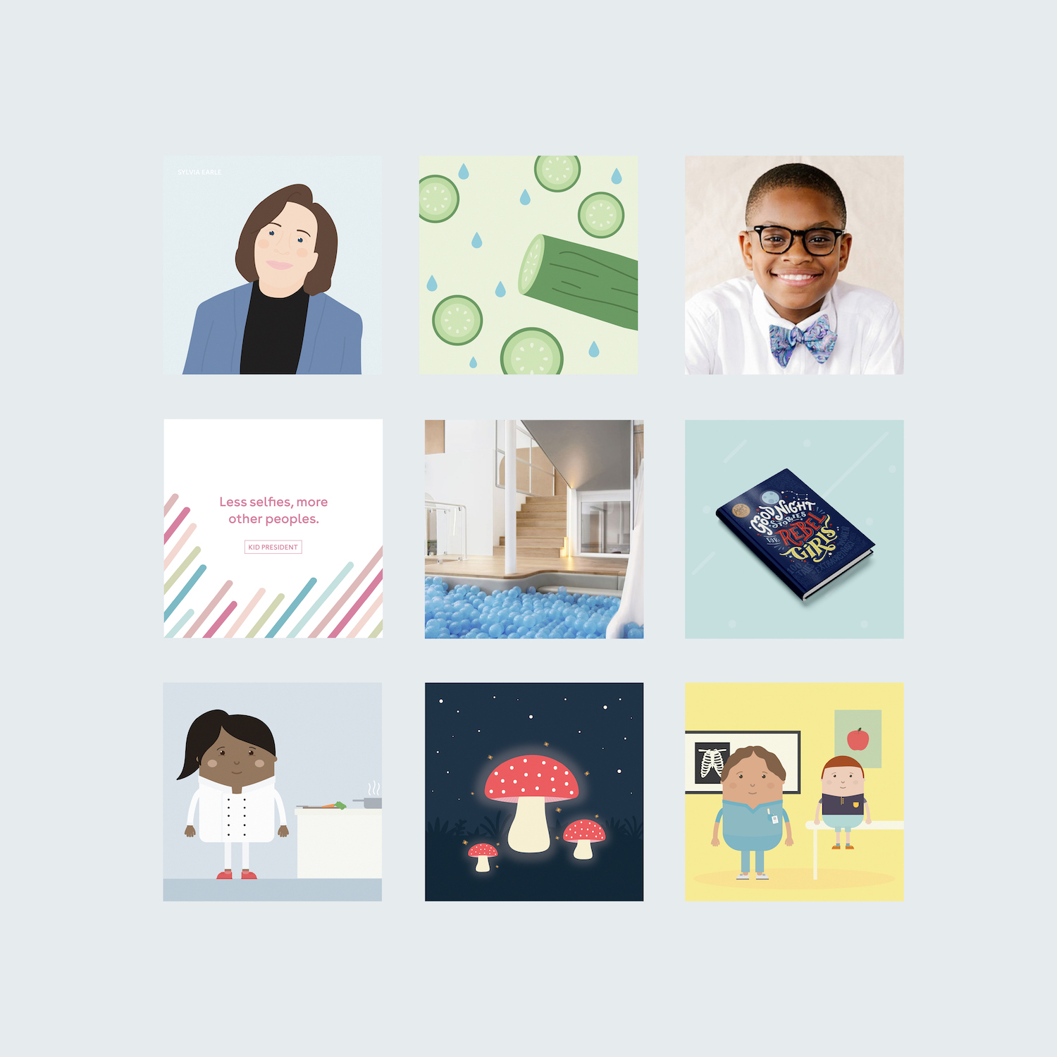 A slate blue background shows a 3 by 3 grid of 9 social media images used