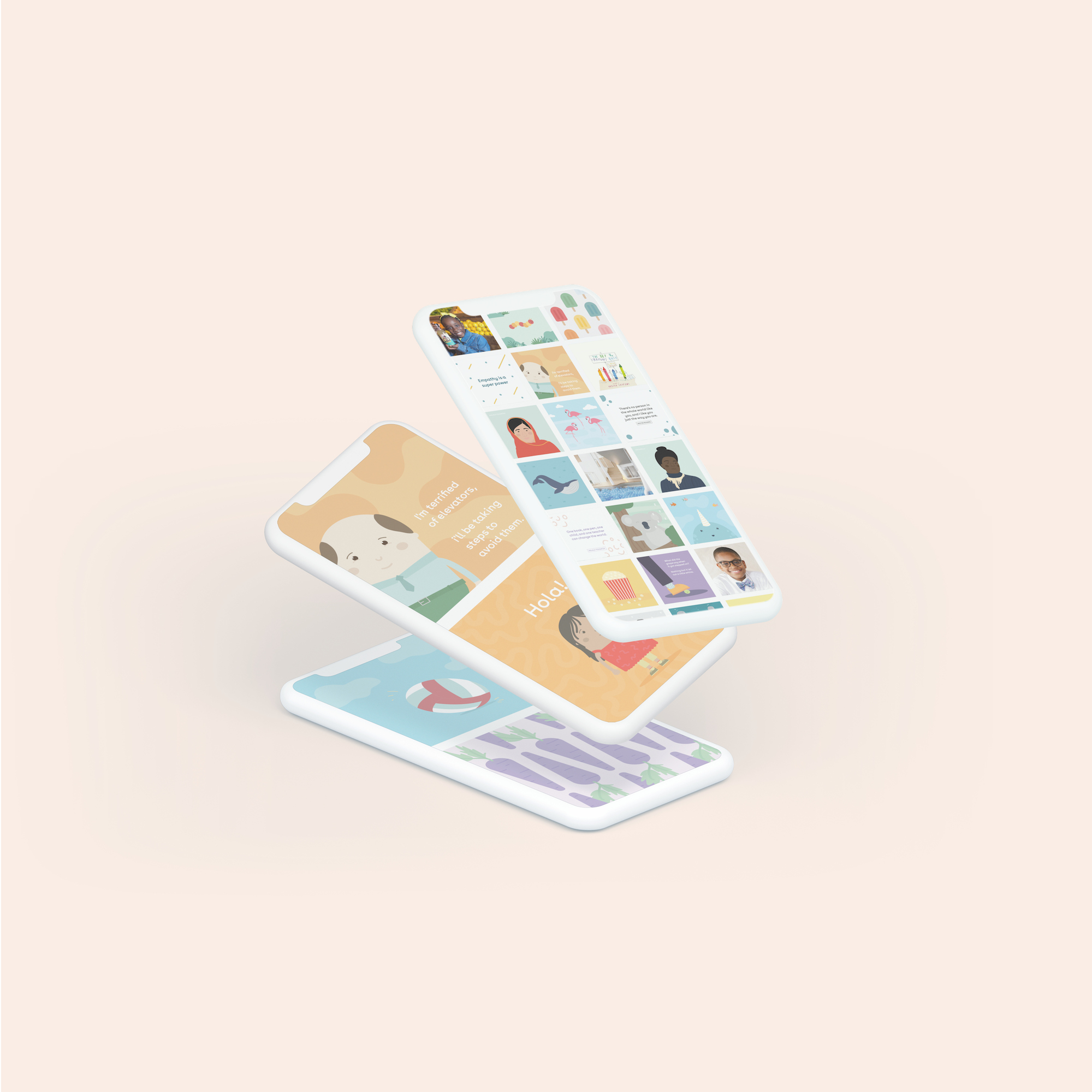 A light peach background shows off a stack of three mockup phones with the top one floating and showing the social media feed, and the other two, showing two graphics each