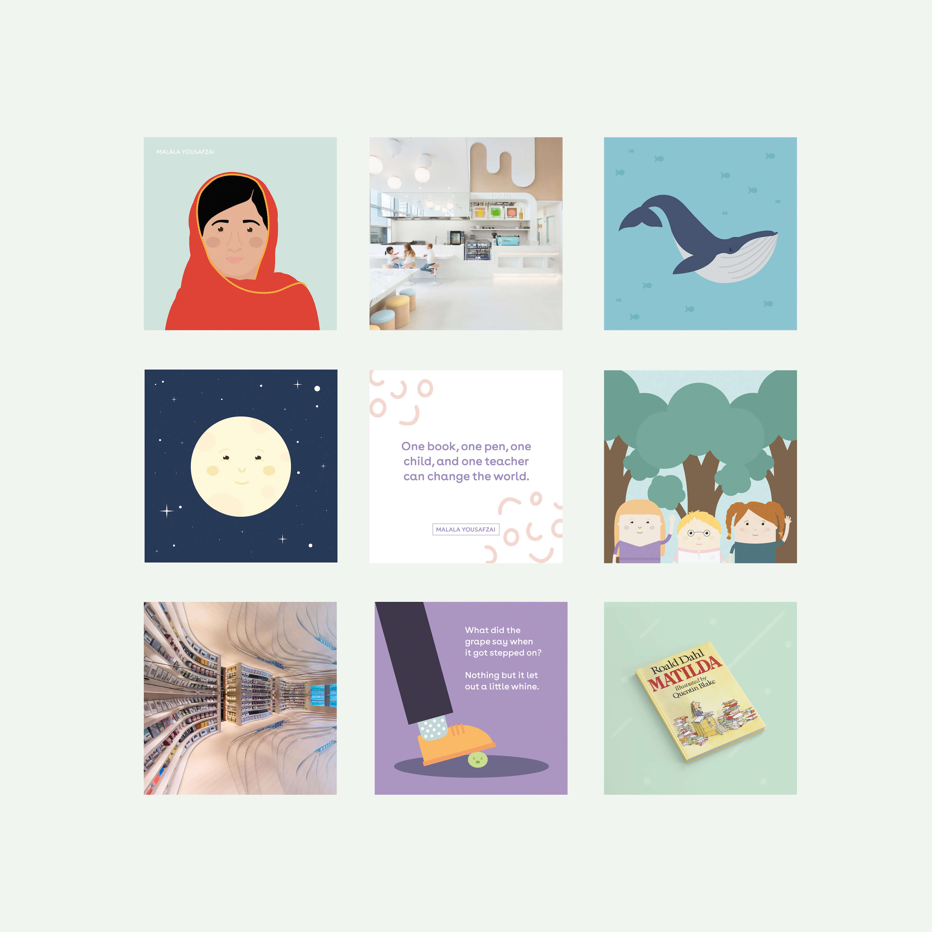 A light green background shows a 3 by 3 grid of 9 social media images used