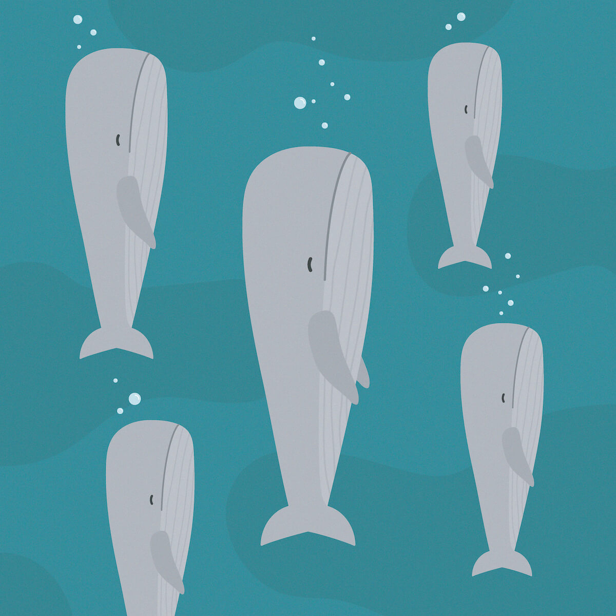 An image of sperm whales drawn by the Skwoodle team - sperm whales can be found snoozing vertically in the ocean so this post highlighed facts about them