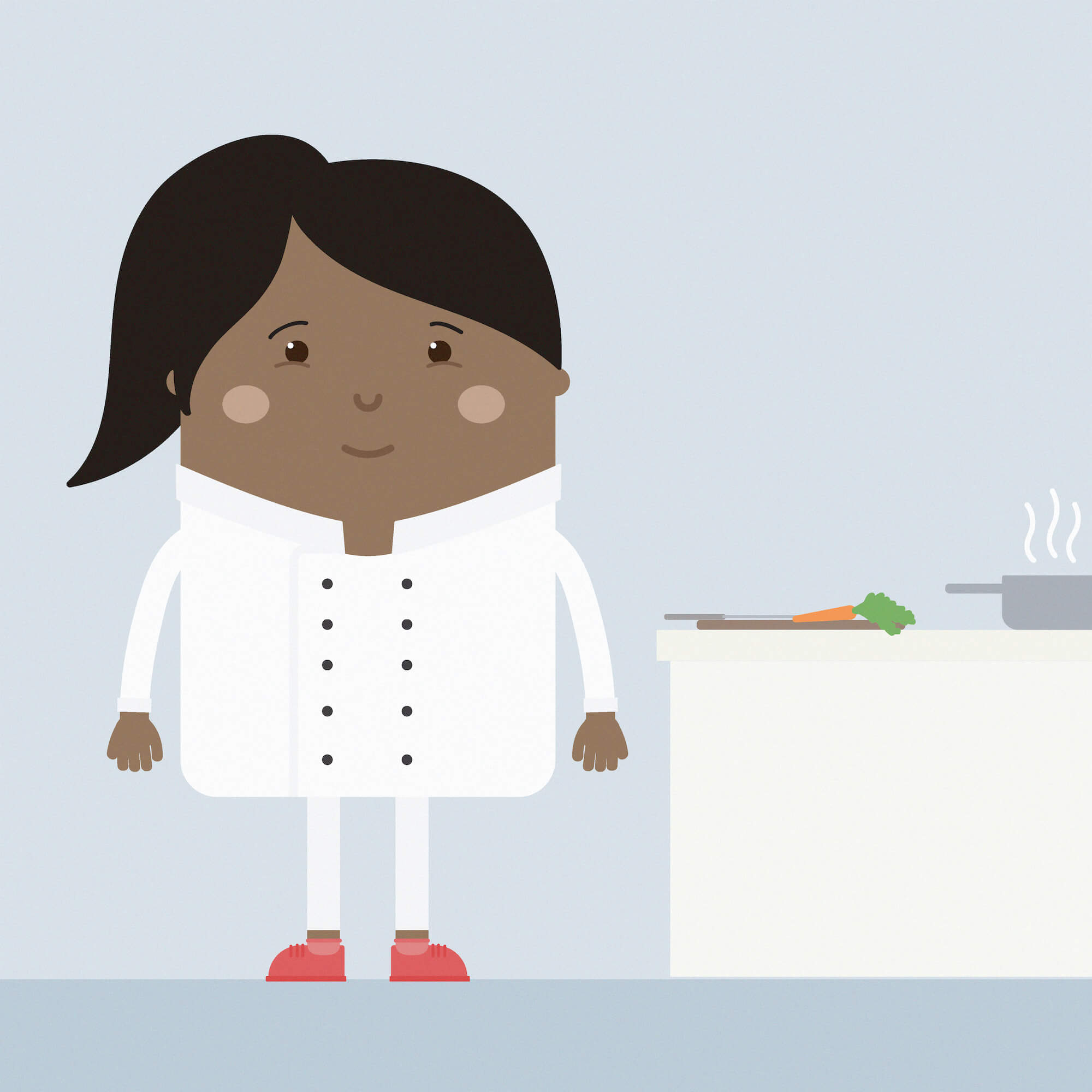 A woman Black professional chef standing next to a kitchen counter with a carrot, knife, and pan with boiling water