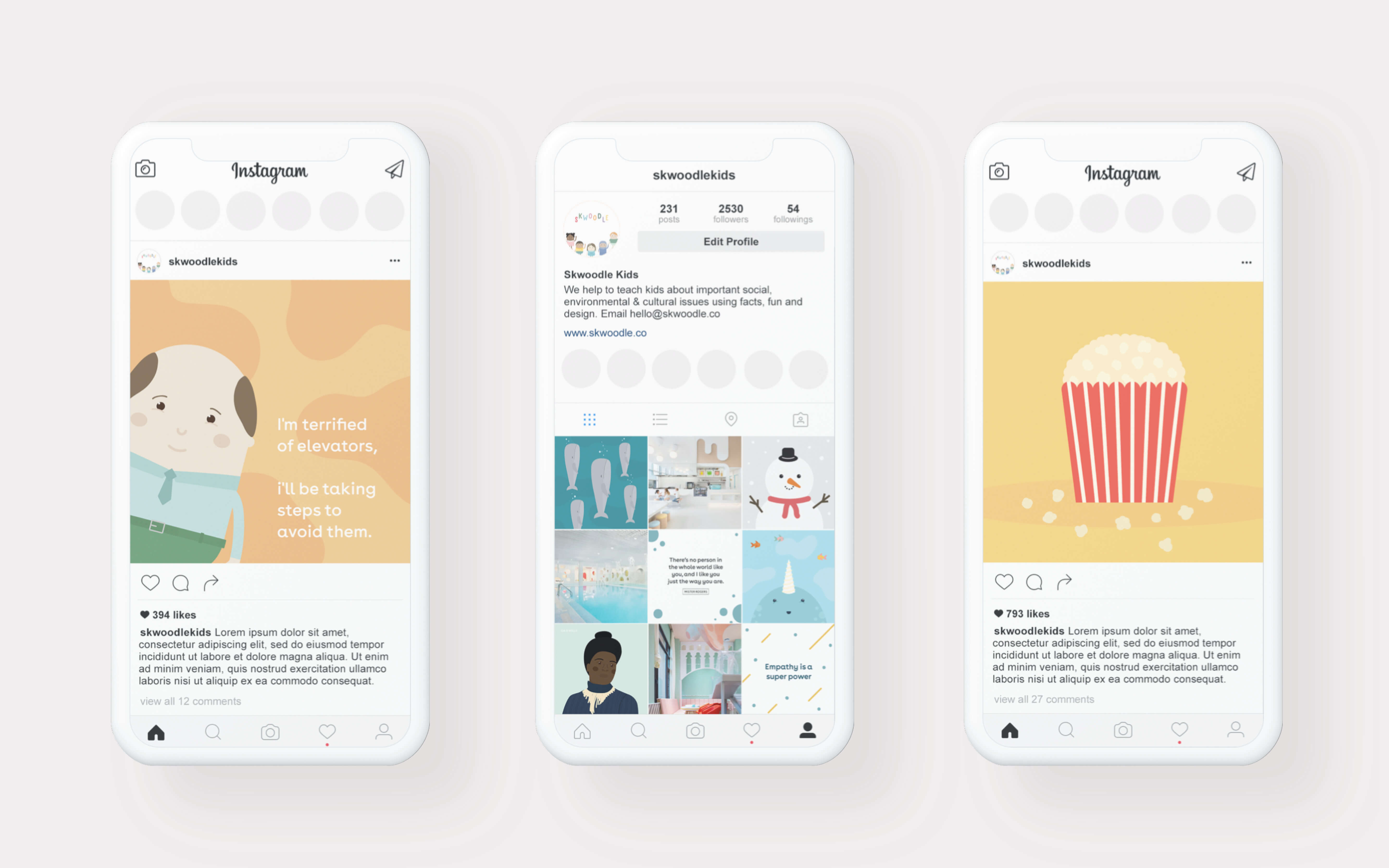 A light pink background shows three white phone screens, the left with a dad joke illustration, the middle one with a shot of our feed showing the grid, and the right an illustration of popcorn