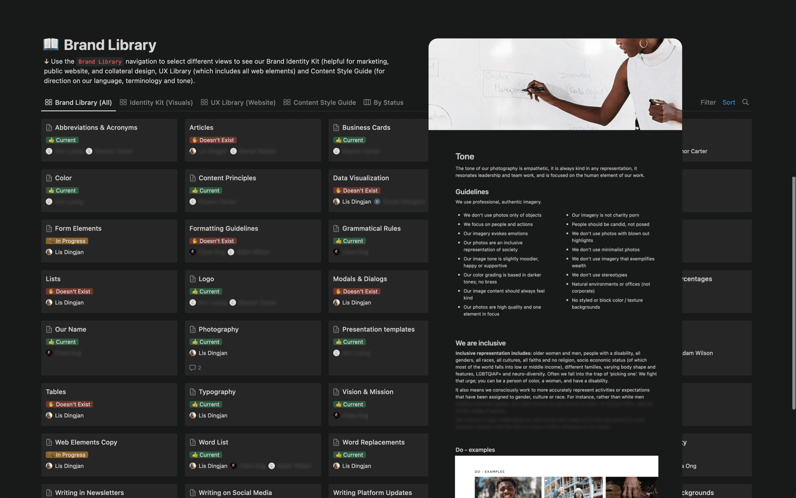 A screenshot of the brand library database with each card being a brand component such as abbreviations, color, form elements, lists, tables etc