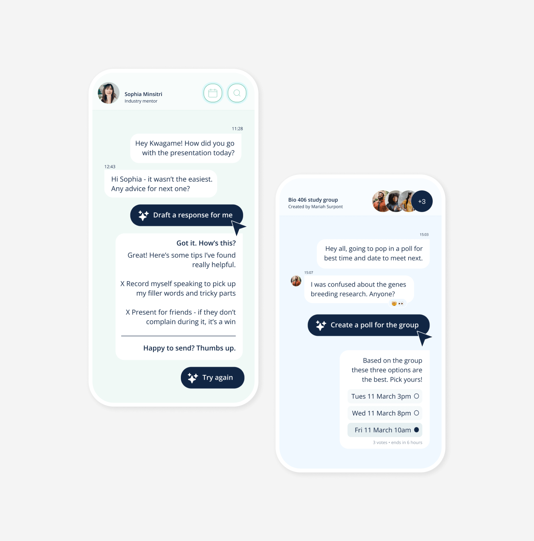 Showing potential new AI features in chat such as drafting a response for a mentor or creating a poll based on the group discussion