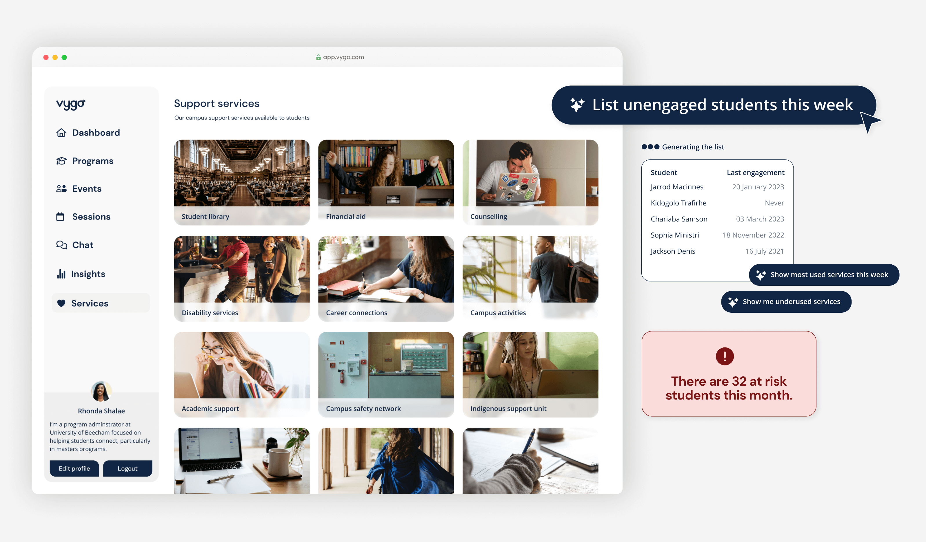 The new support services area of the dashboard showing also the at risk students to re-engage