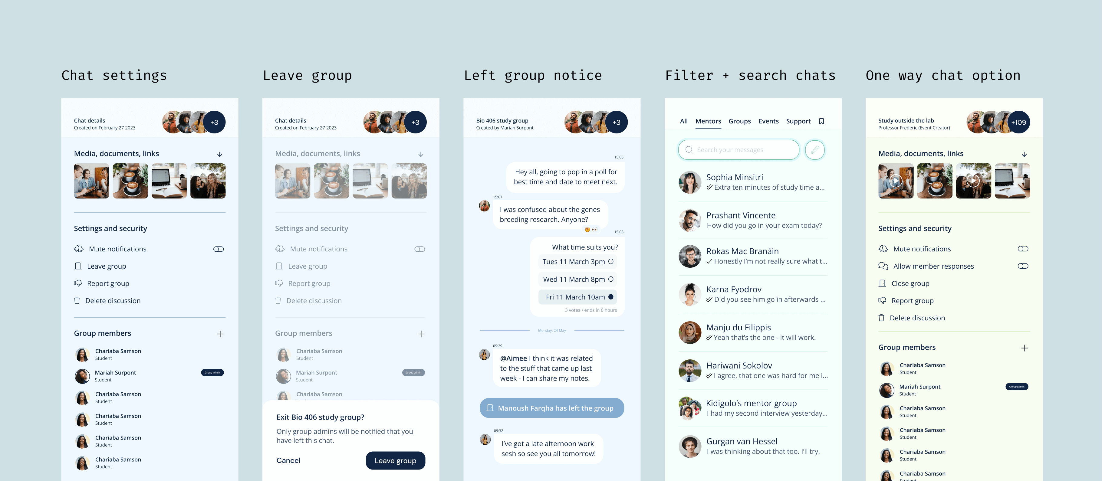 Five different chat app scenarios shown of the designs including chat settings, leaving a group, filtering and searching, and creating one-way chats for events or program admins to a group