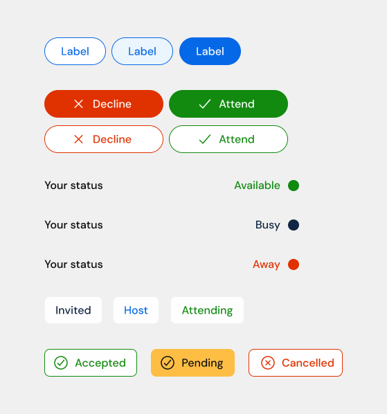 A solid grey background shows various design components for labels, tags, buttons, and statuses