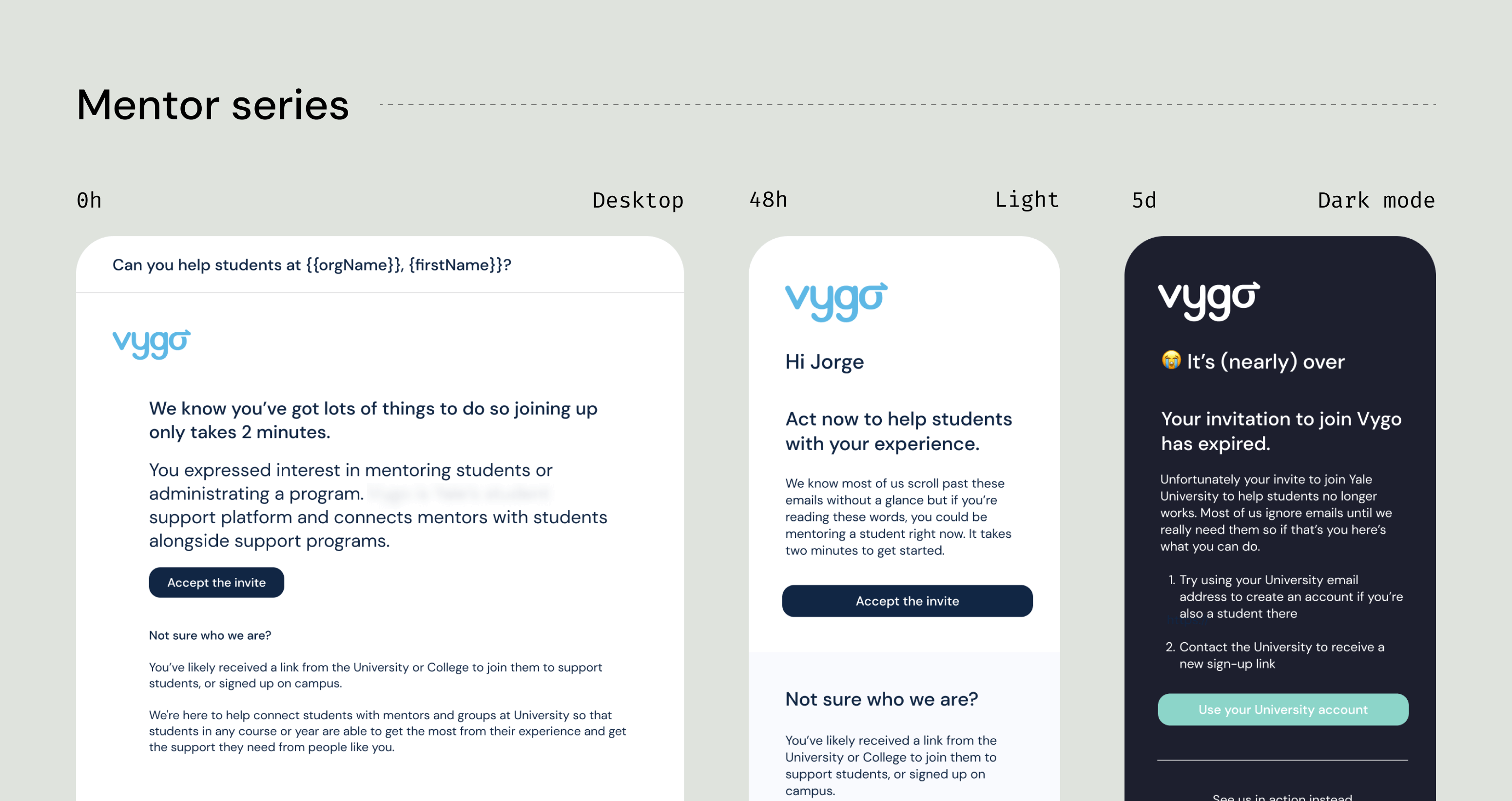 A graphic highlighting one of the mentor email in the journey with the desktop, mobile, and dark version