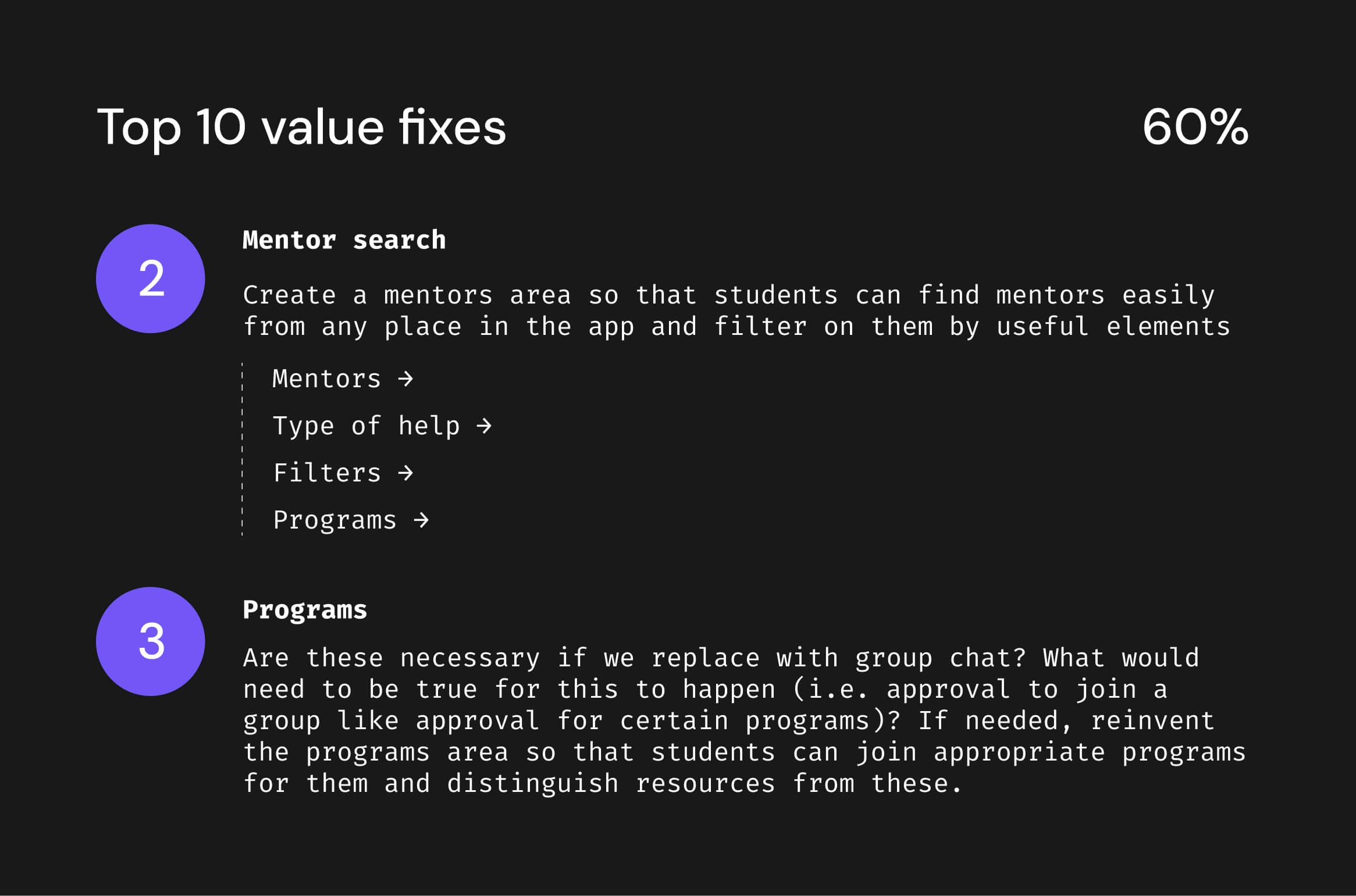 A black graphic with an example of one of the Top 10 value fixes in this case improving mentor finding
