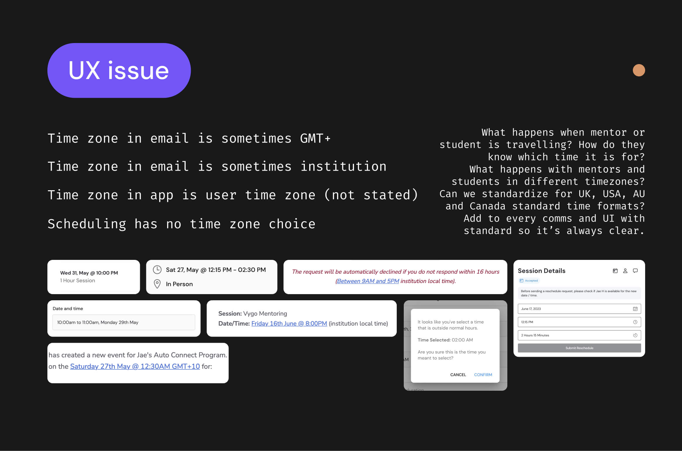 A black graphic showing how UX issues were identified during the audit, here showing an example of how timezones operated differently depending on what type of user you were and what context you were receiving the time in - important because there were numerous mentor chats which were not attended