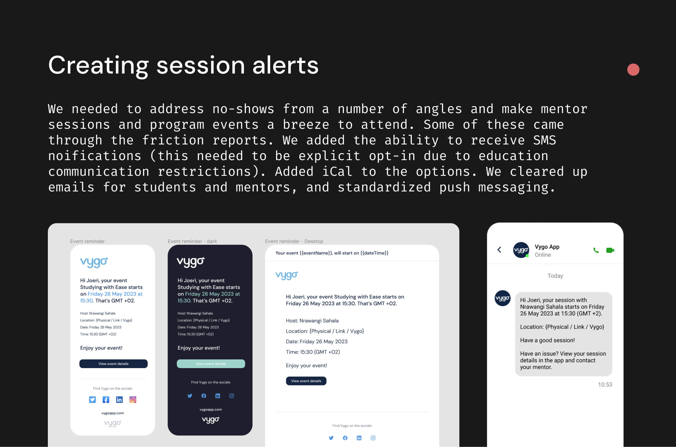 A black graphic displaying one of the results of the audit in improving session notifications and reminders to lower no-show rates