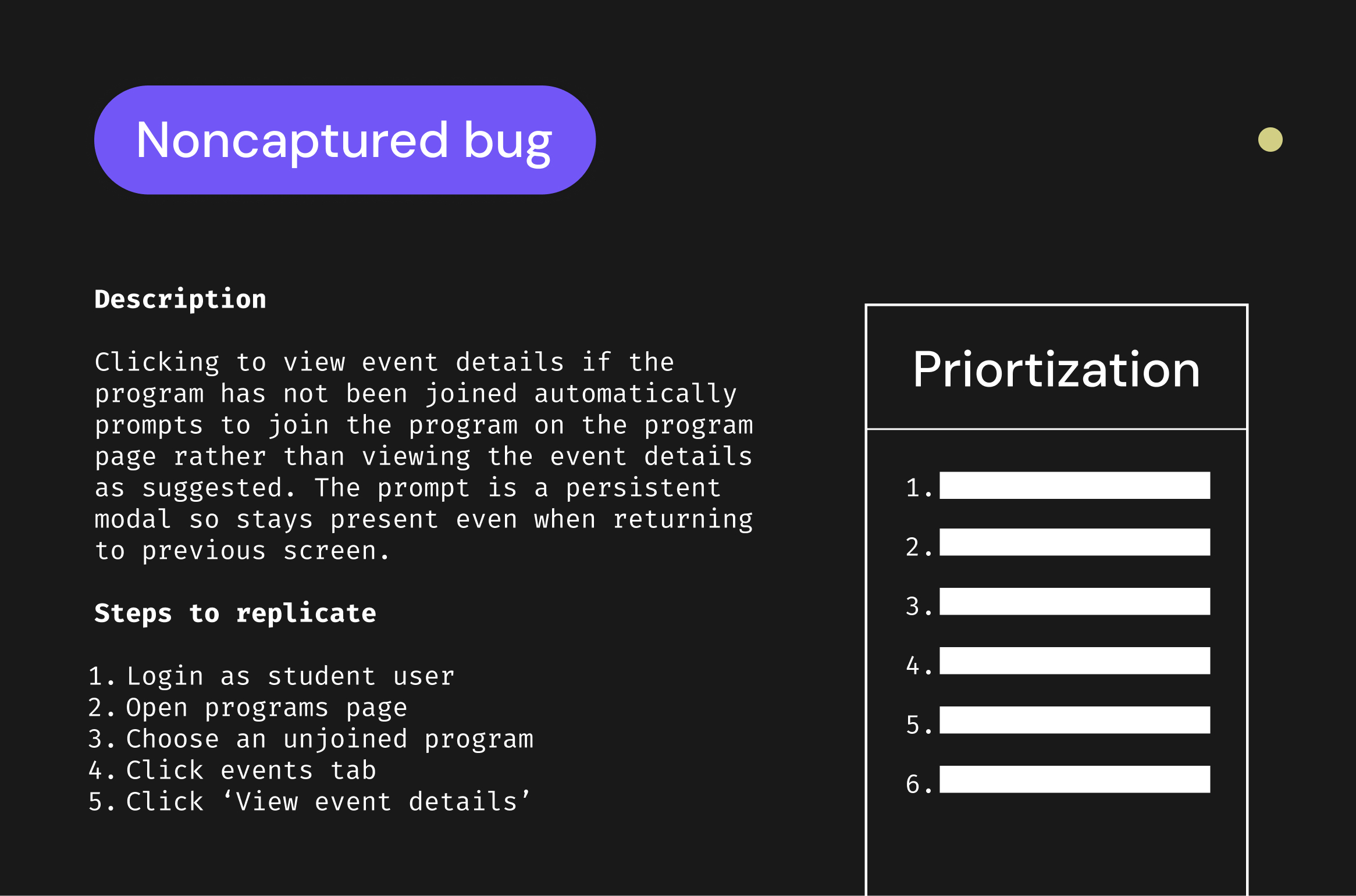 A black graphic showing how noncaptured bugs were identified during the audit, making sure only bugs that weren't already logged were captured so they could be taken up during bug-fixing weeks or in cycles with a few points left