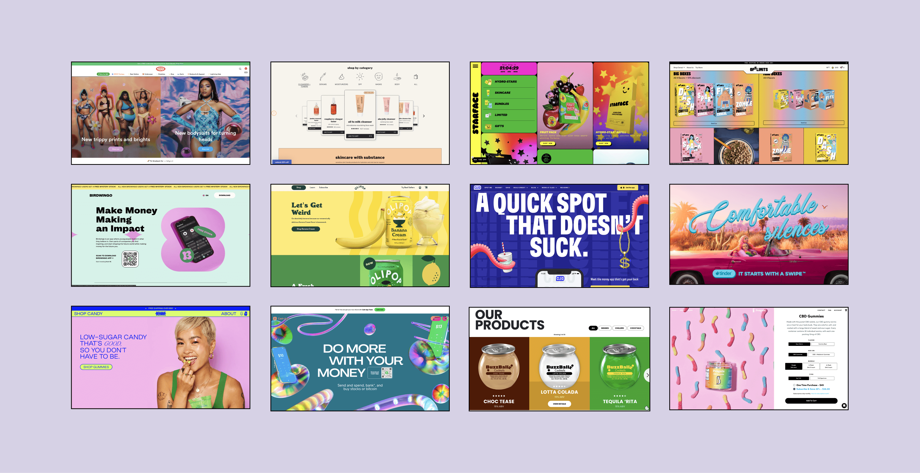 An image with a purple background shows 12 screenshots of Gen Z commercial brands - they're very bright and incorporate lots of bold color, patterns and photos