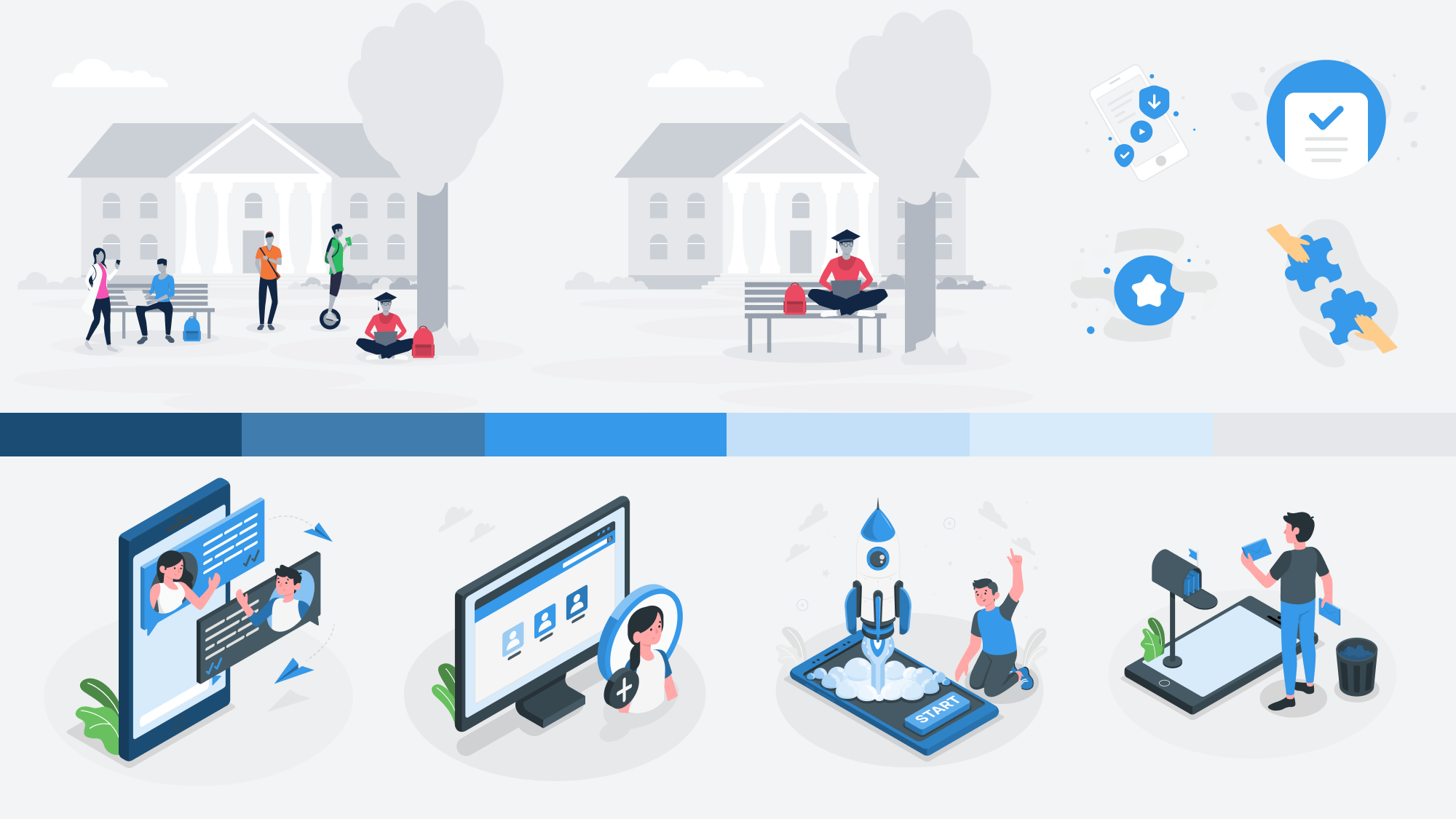 The previous corporate grey and blue illustrations