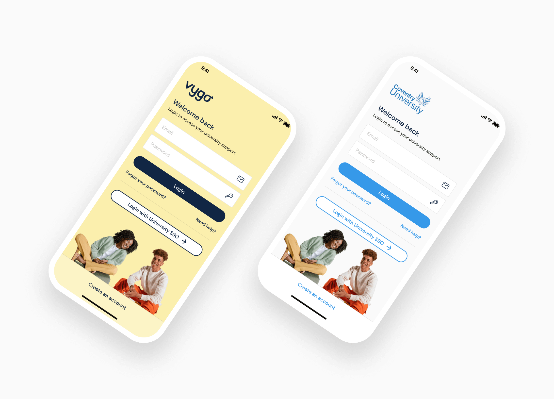 An image with a grey background showing two white phone screens with two version of the login screen, one in blue and white for the University colors and one with Vygo colors