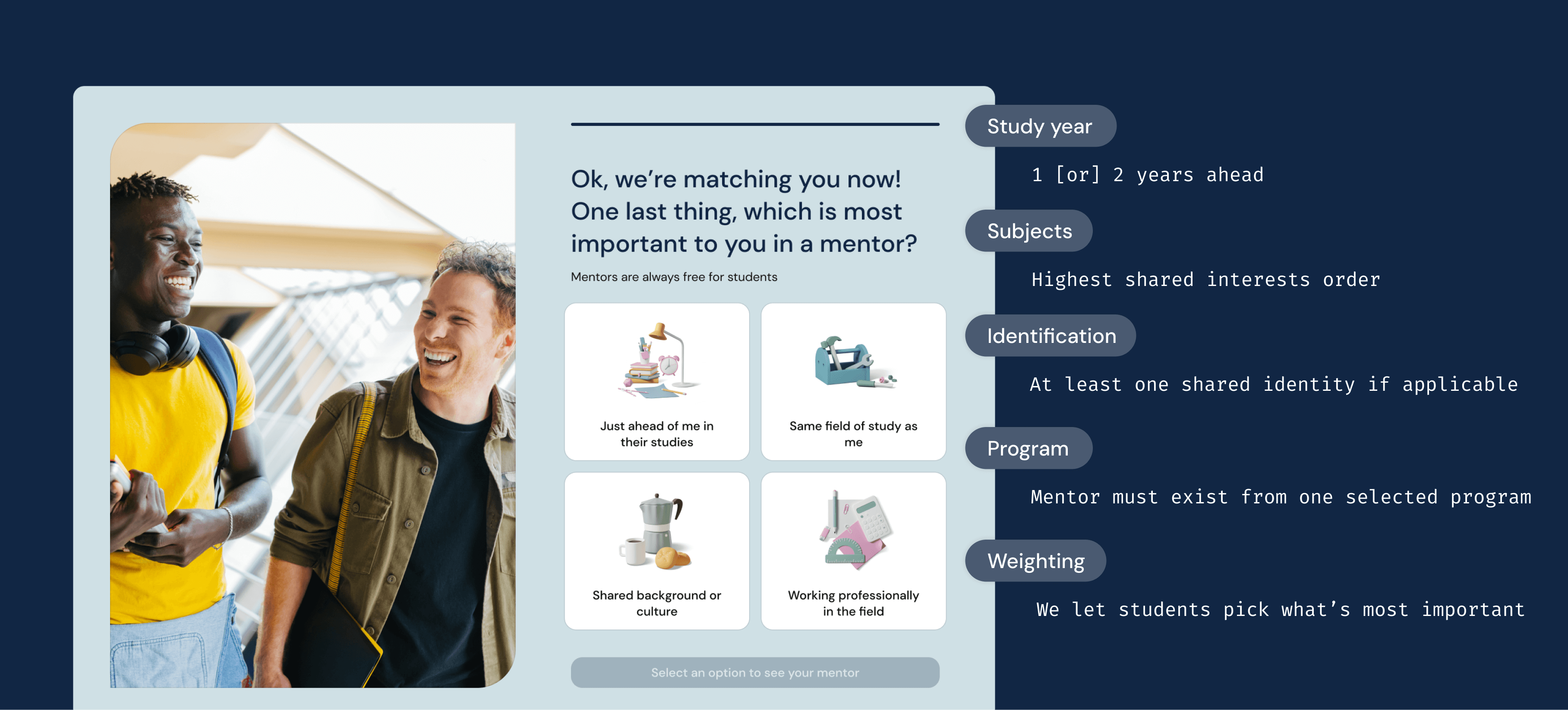 A screen that was part of onboarding I created for weighting what was most important in matching a mentor