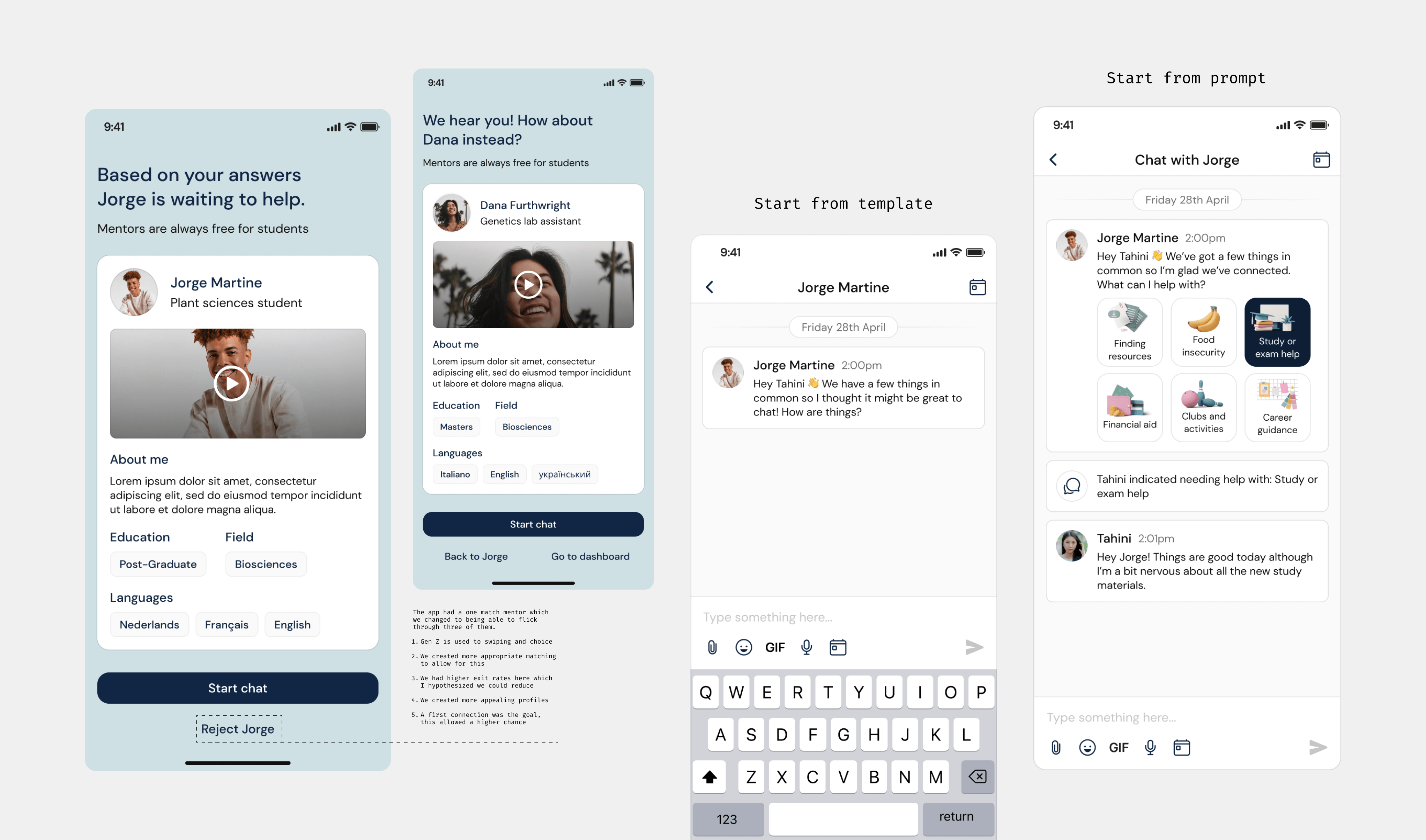 Four different app screens showing how I designed in the additional mentor selection and chat templates