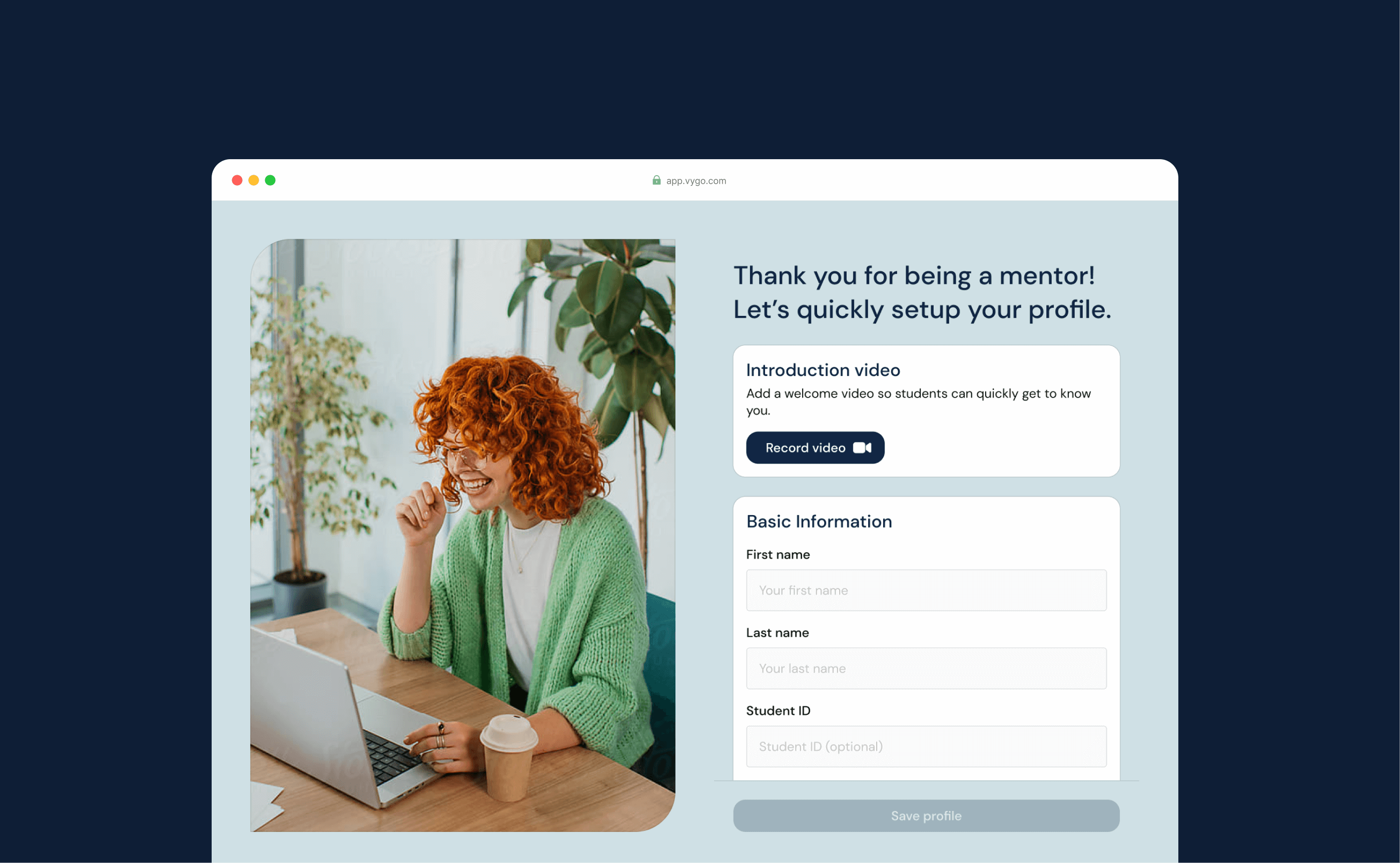 An image with a dark blue background shows off a web browser with the mentor profile setup